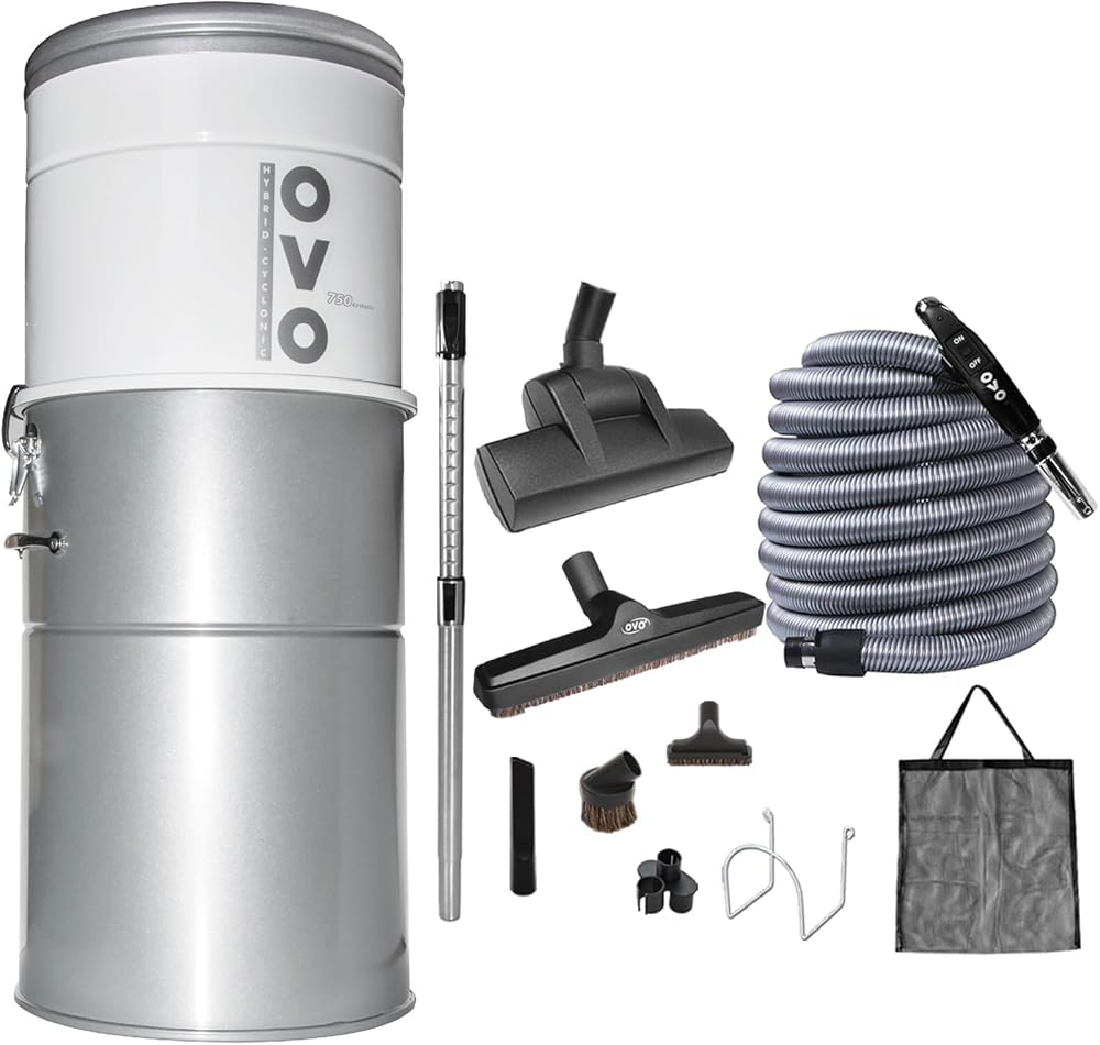 OVO Heavy Duty Powerful Central Vacuum System, Hybrid Filtration (with or Without Disposable Bags) 35L or 9.25Gal, 750 Airwatts with 40ft Deluxe Plus Accessory kit Included
