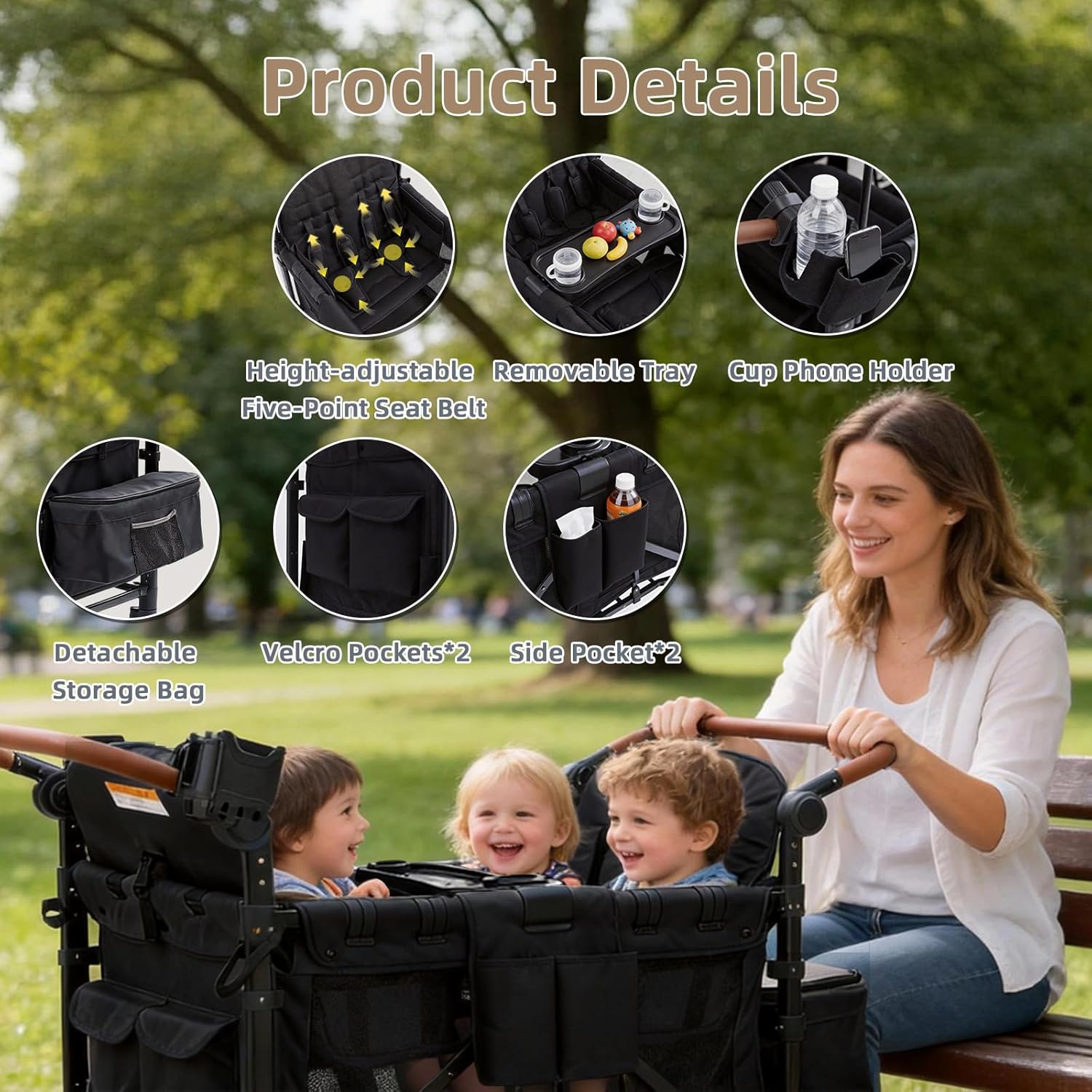Stroller Wagon for 4 Kids, 4 Seater Wagon Stroller with Snack Tray, Large Storage Bag, Phone Cup Holder, Removable Canopy, Foldable Wagon Stroller 4 Seater with Adjustable Push Handles (Deep Black)