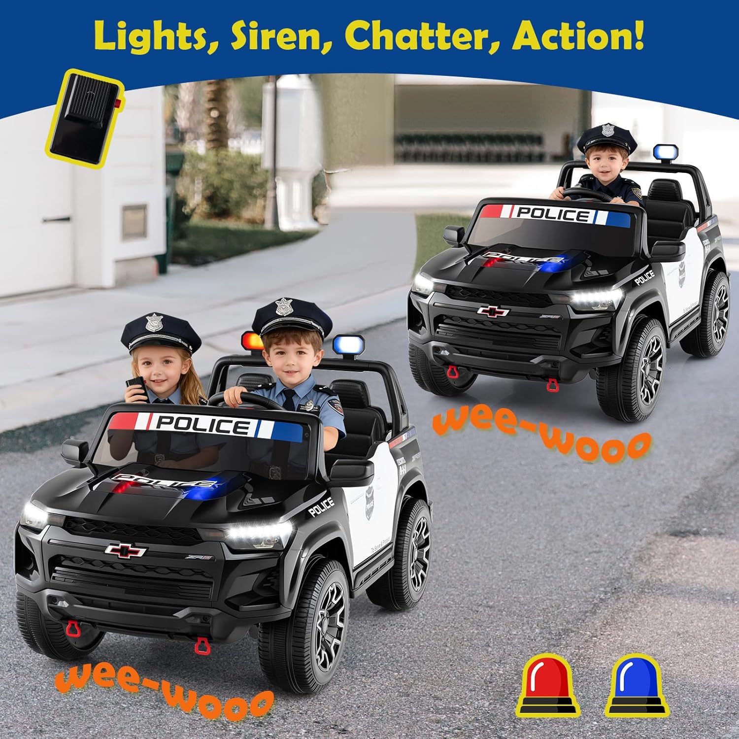 HONEY JOY 2-Seater Ride on Police Car, 24V 4WD Licensed Chevrolet Electric Vehicle for Kids w/Megaphone, Siren, LED Flashing Lights, Storage Trunk, Ride On Toy w/Remote Control for Boys Girls, Black