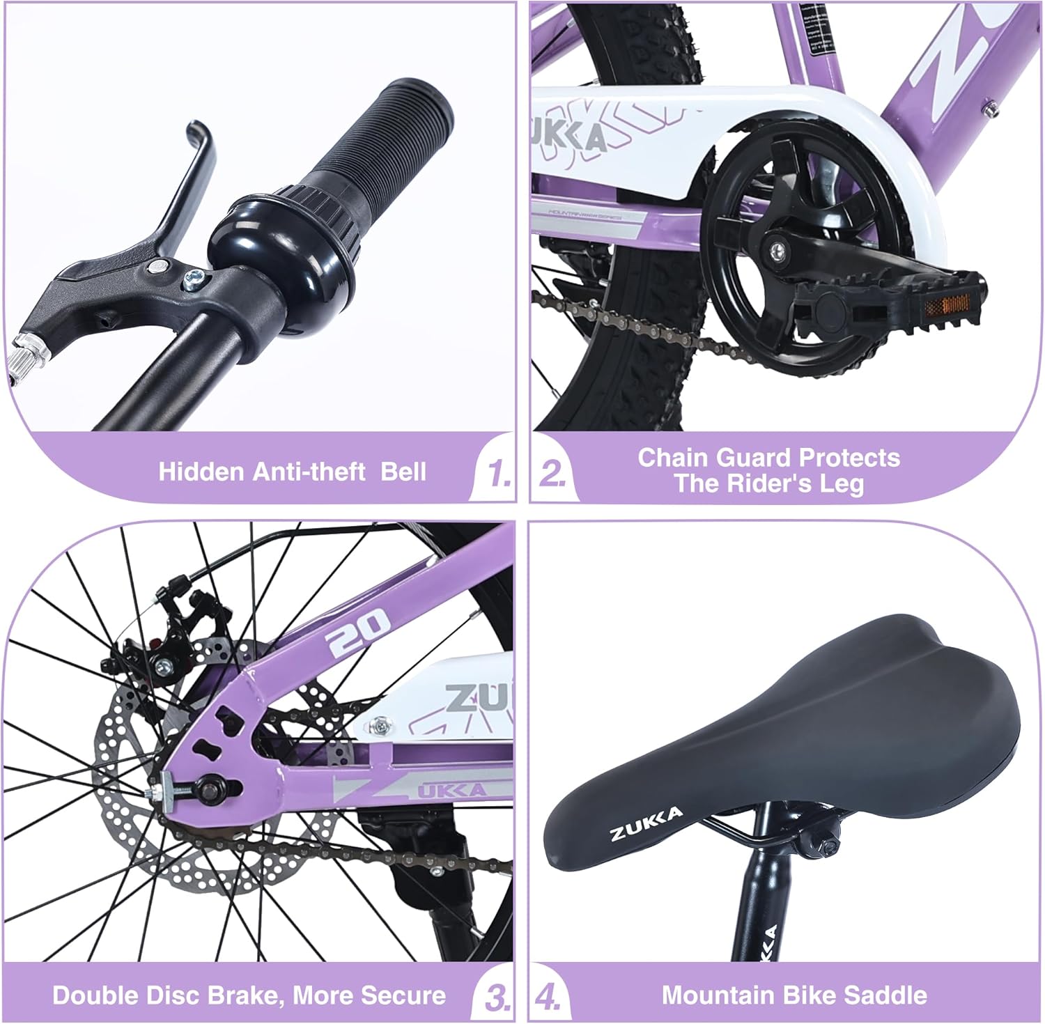 20 Inch Kids Mountain Bike for Boys Girls Age 7-10 Years, Steel Frame with Front Suspension Fork and Double Disc Brakes, All-Terrain Bicycle,Purple