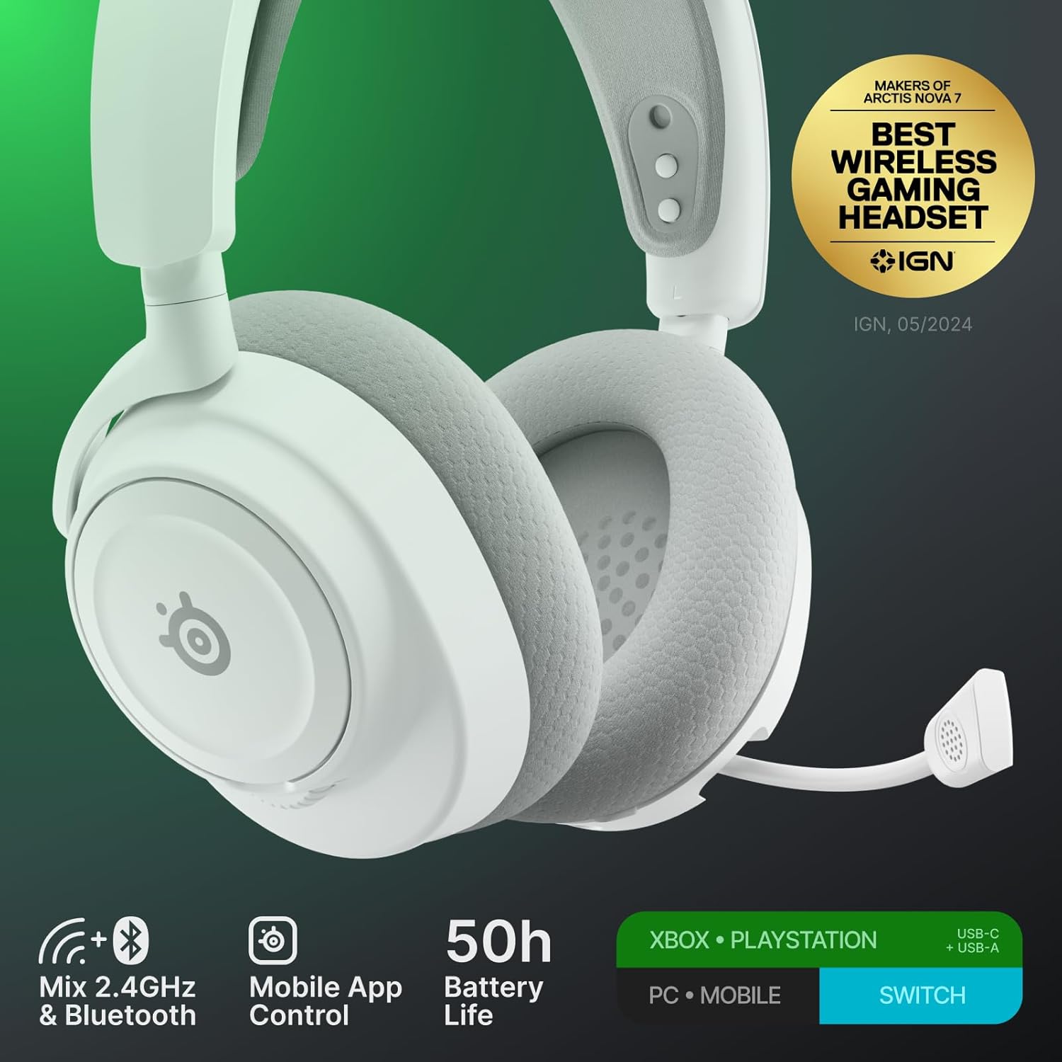 SteelSeries Arctis Nova 7X Wireless Gen 2 Gaming Headset - Real-Time App Control, 50+ HR Play, Neodymium Drivers, Mix 2.4GHz/Bluetooth, Xbox, PC, PS5/PS4, Switch 1/2, Mobile - White