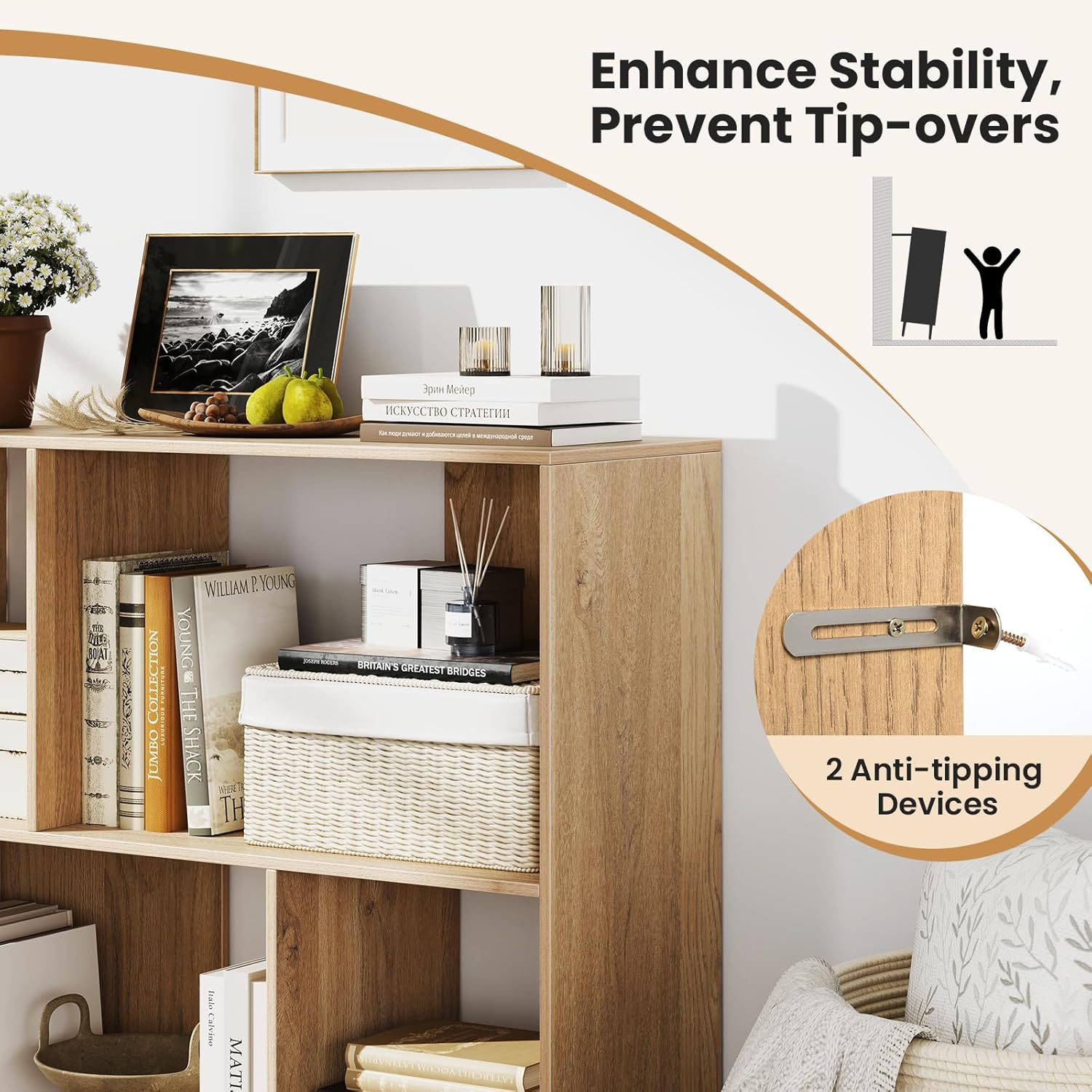 Tangkula 4 Cubby Open Bookcase, 3-Tier Freestanding Bookshelf with Detachable Metal Legs, Anti-toppling Device, Anti-Falling Baffles, Modern Cubicle Display Shelf (2,Natural)