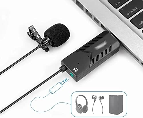 Lavalier Clip-on Cardioid Condenser Computer Mic Pluging and Play USB Microphone with Sound Card for PC