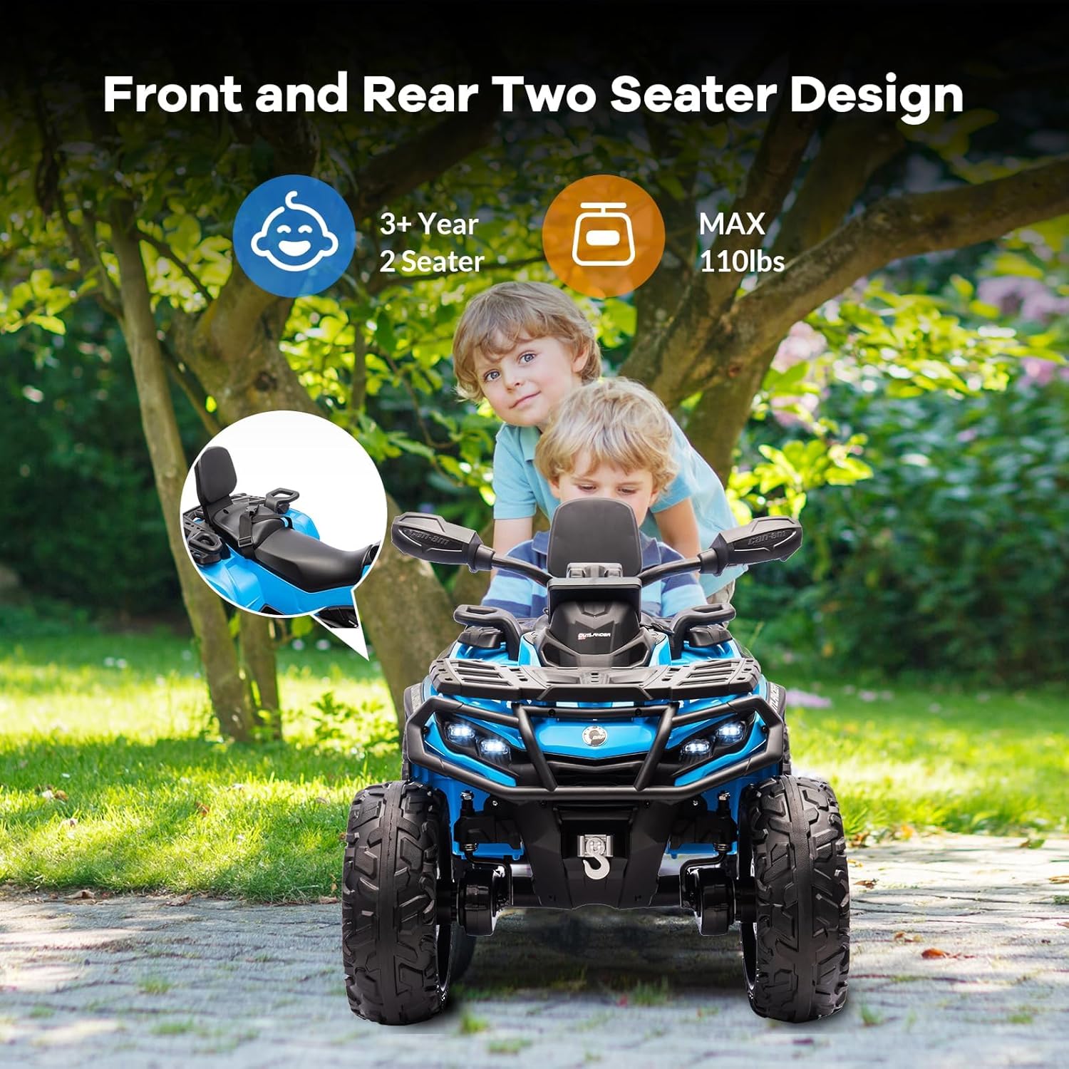 12v Kids Electric ATV, Ride-on Toy Car for Toddlers, 4-Wheel Vehicle with 2-Seater, Remote Control, LED Lights, Music, and Spring Suspension, Electric Car for Kids, 4 Mph Safety Speed, Blue