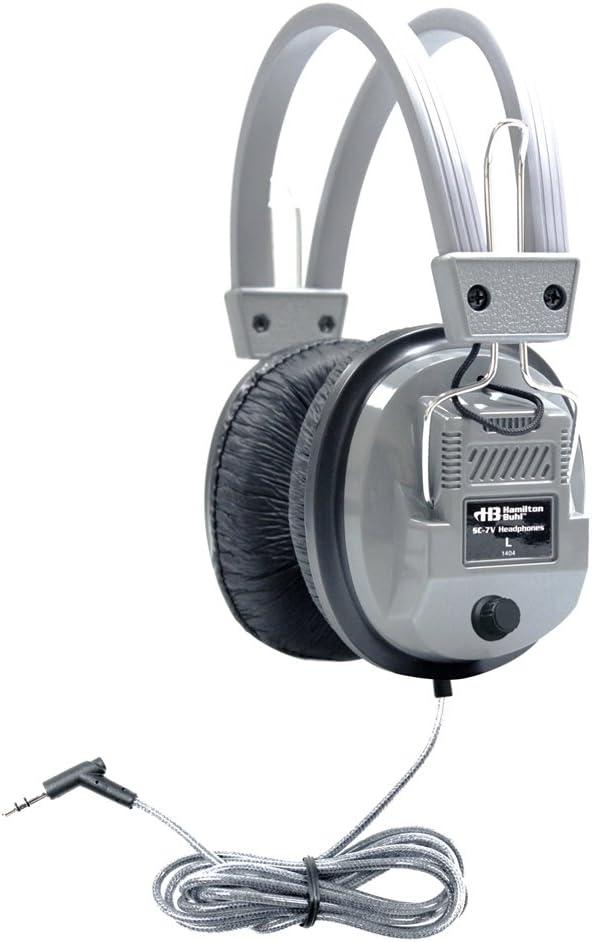 HamiltonBuhl SC‑7V Schoolmate Deluxe Stereo Headphones 25‑Pack – Over‑Ear Design, On‑Earcup Volume Control, Chew‑Resistant Dura‑Cord, Replaceable Leatherette Cushions, 3.5mm Slim‑Barrel Plug (Silver)
