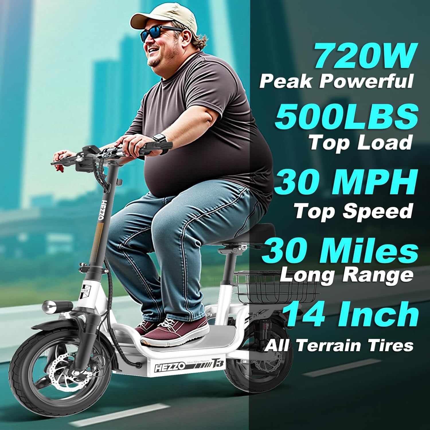 Electric Scooter for Adults Teens, Heavy Duty Escooter with Seat – 500 LBS Capacity, 30MPH, 30-Mile Range, 720W Motor, Dual Suspension E Scooter, Foldable Powered Mobility Scooter with Basket