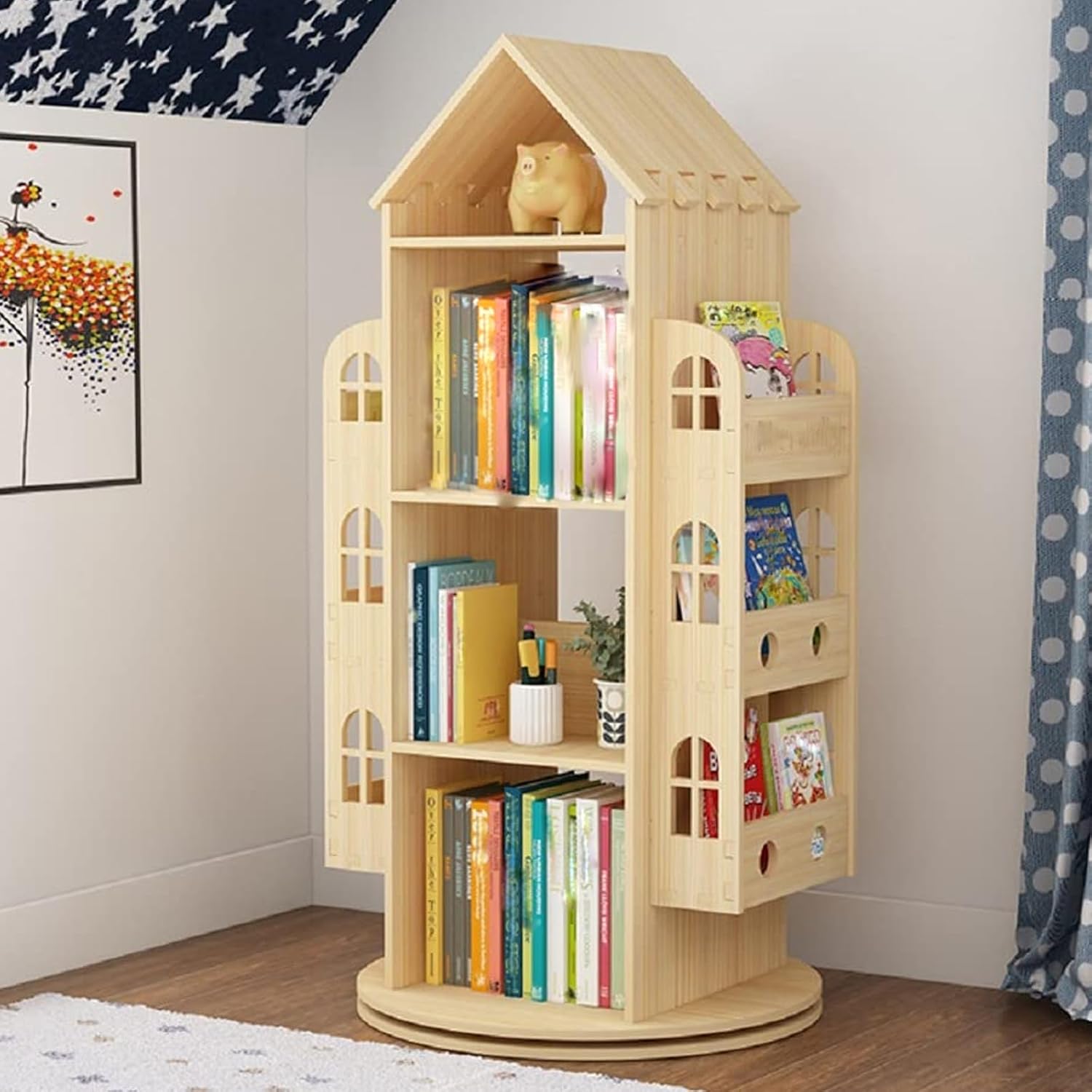 JCHENGS Wood Book Shelf Organizer Stand for Kids,Rotating Bookshelf CD Display Stand Storage Book Case Bookrack,360 Display Floor Standing Bookcase Storage Rack Children's Bookshelf