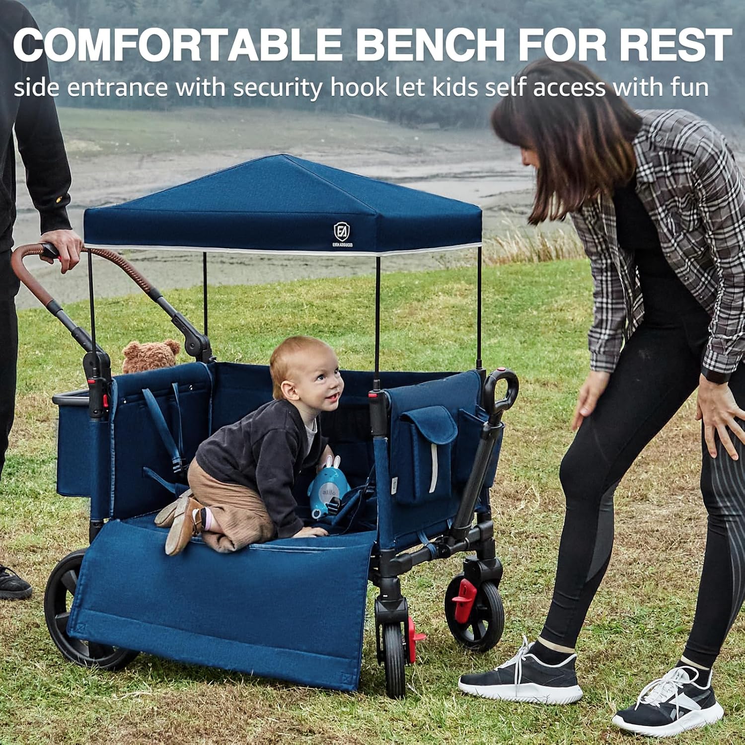 EVER ADVANCED Side-Unzip Wagon Stroller for 2 Kids, Push Pull Stroller with Adjustable Handle, Easy Access Zipper Door, 5-Point Harness Removable UV-Protection Canopy Shock-Absorbing Wheels, Blue