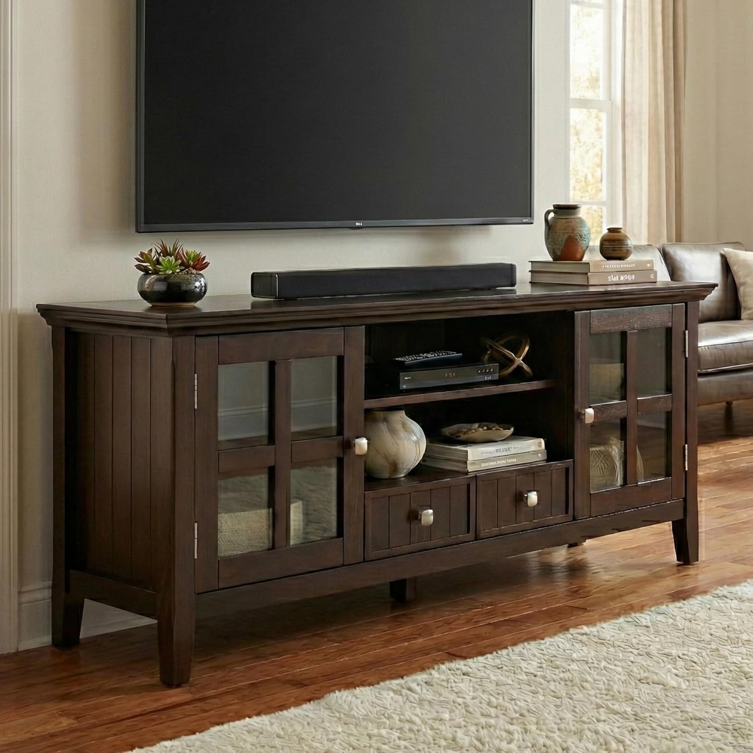 SIMPLIHOME Acadian TV Stand - 60 inch Wide Solid Wood Media Console in Brunette Brown