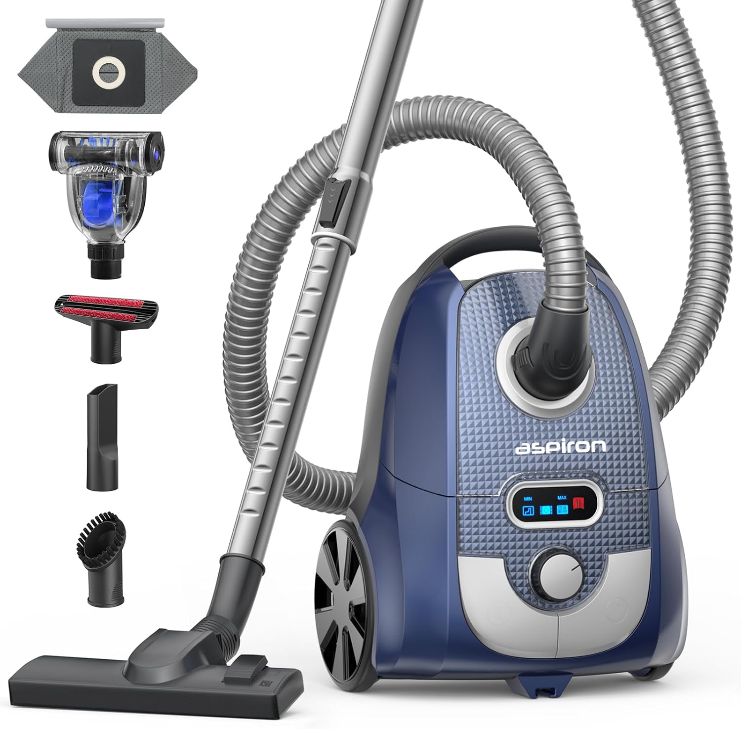 Aspiron Canister Vacuum, 1600W/40KPA Canister Vacuum Cleaner, 4QT Dust Bag, H13 HEPA Filter, 5 Tools, Pet-Friendly,Variable Power Control,for Carpets, Hardwood Floors, Stairs, Pet Hair, Household