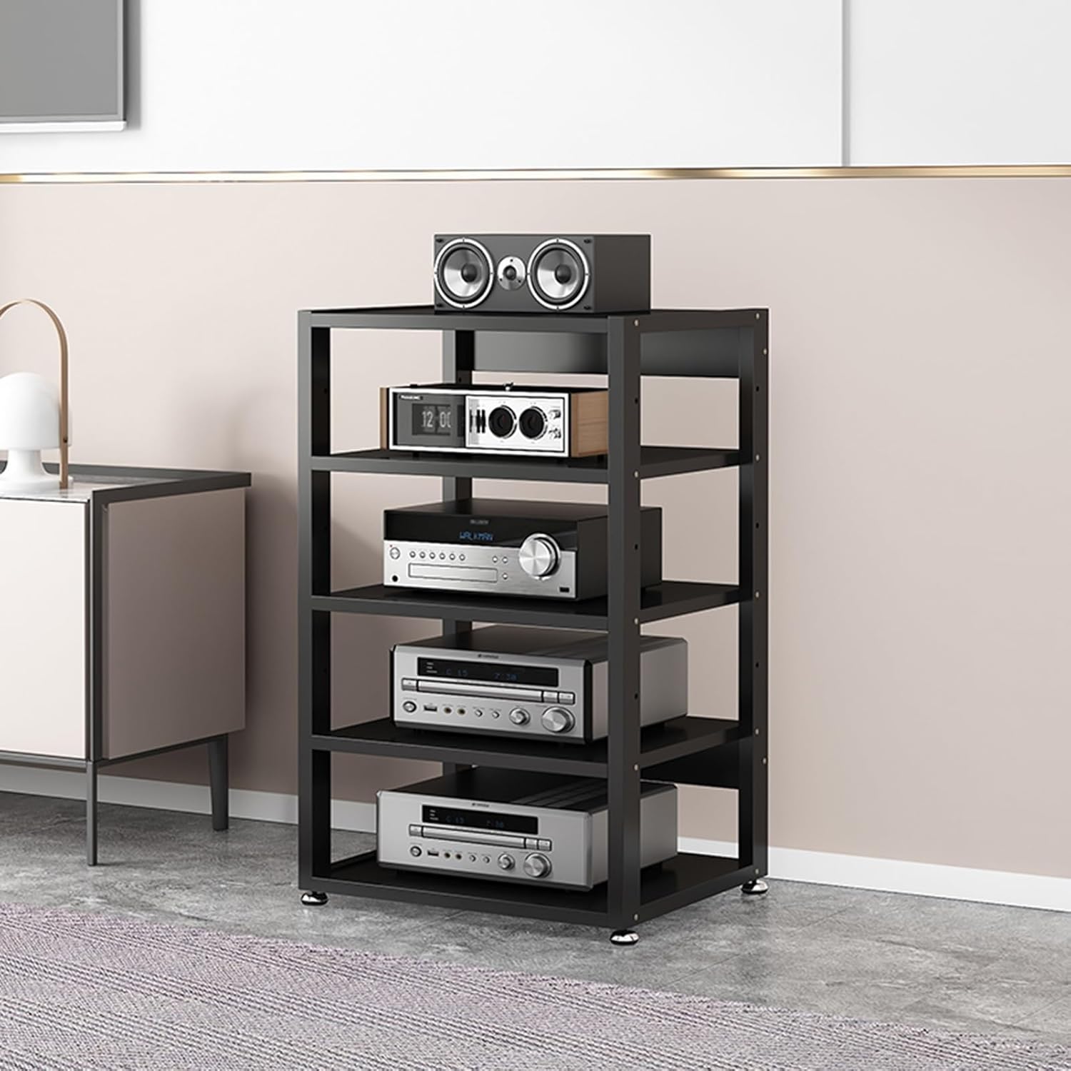 Floor-Standing 5 Tier AV Media Stand Power Amplifier Rack CD Player Stereo Stand Audio Tower with Height Adjustable Wooden Shelf