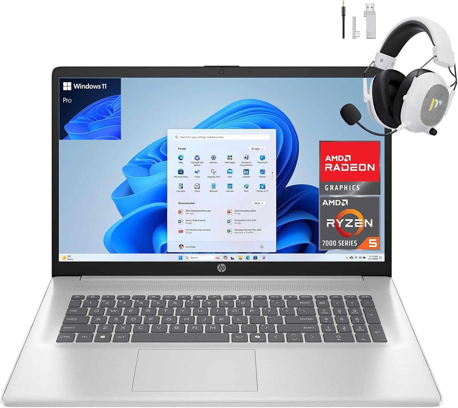 HP 17.3 inch Laptop, FHD Display, AMD Ryzen 5 7430U, 16GB RAM, 512GB SSD, AMD Radeon Graphics, Windows 11 Pro, Natural Silver, Webcam, HDMI, Wi-Fi 6, AI Copilot, w/Mytrix Accessory