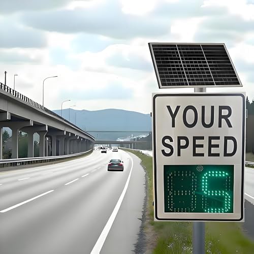 Solar Powered Radar Speed Display Sign – Adjustable LED Road Warning Sign with Remote Control, 60x60cm Speed Limit Indicator for Traffic Safety and Speed Monitoring