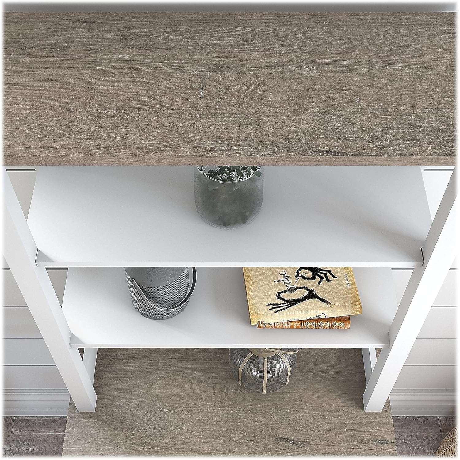 Bush Furniture Mayfield Bookcase with Drawers in Pure White and Shiplap Gray