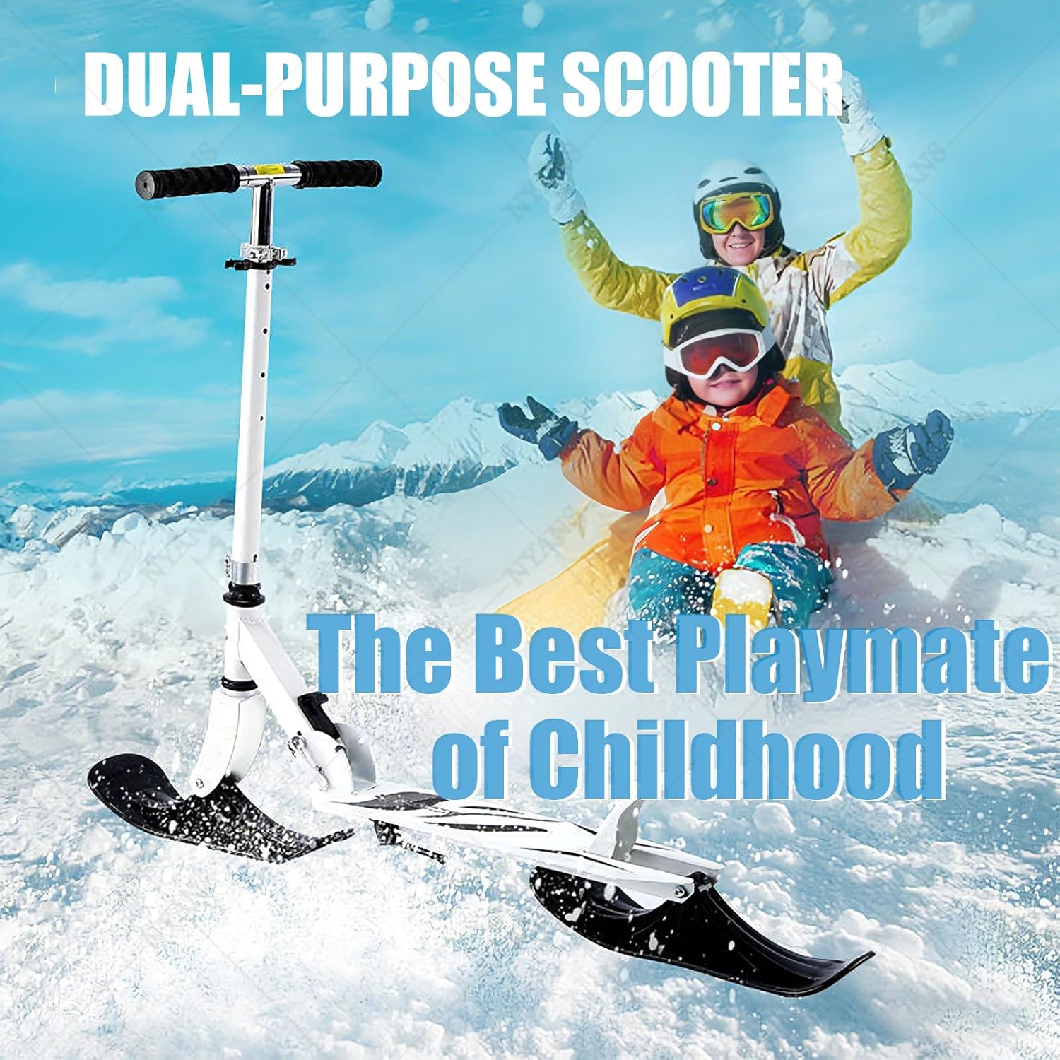 NYANS 2-in-1 Foldable Kick Scooter with Two Wheels, Adjustable Handlebar, Smooth Ride, Outdoor Ice Skating Sleds, for 3-15 Years Old Boys and Girls Ideal Outdoor Sports