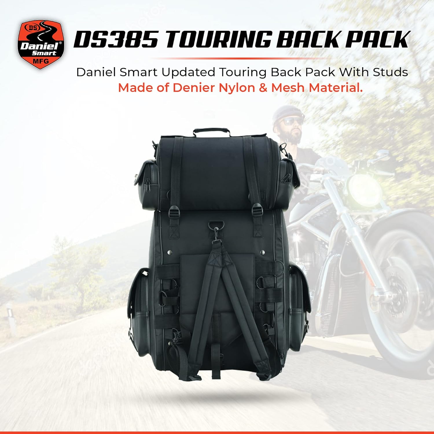 Daniel Smart Multi Pockets Biker Sissy Bar Bag - Included All Weather Protection Rain Cover - Motorcycle Touring Bag - Black