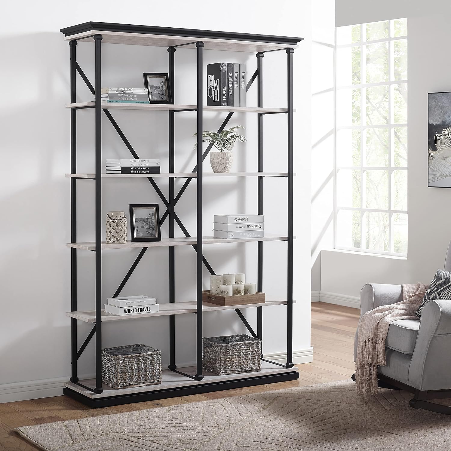 HOMES: Inside + Out Nemme Industrial 58-inch 5-Shelf Steel Bookcase, Antique White and Black