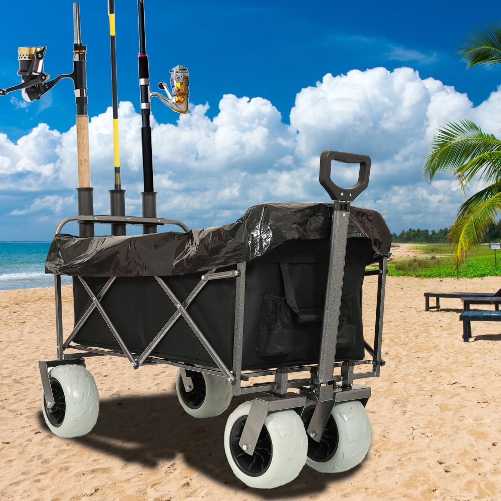 Heavy-Duty All-Terrain Utility Wagon with 9-Inch Pneumatic Tires for Sand, Grass, and Gravel – Foldable Steel Frame Cart for Outdoor Transport (Black + Steel-1)