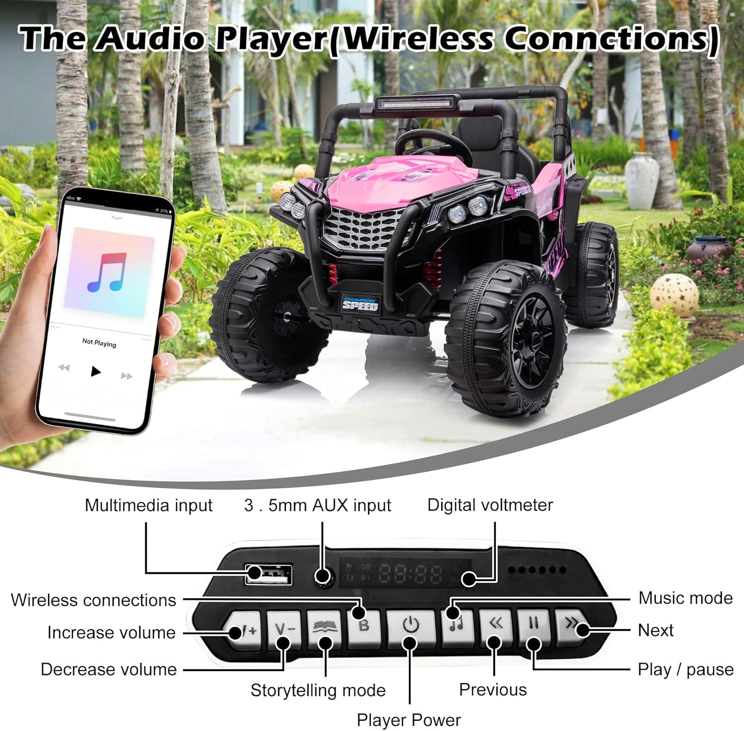 12 V Kids Ride on Car, Kids Electric Car with Remote Control, Kids UTV Featuring Rear Storage, Wireless Audio Player, Electric Vehicle for Kids Aged 3-8, Pink