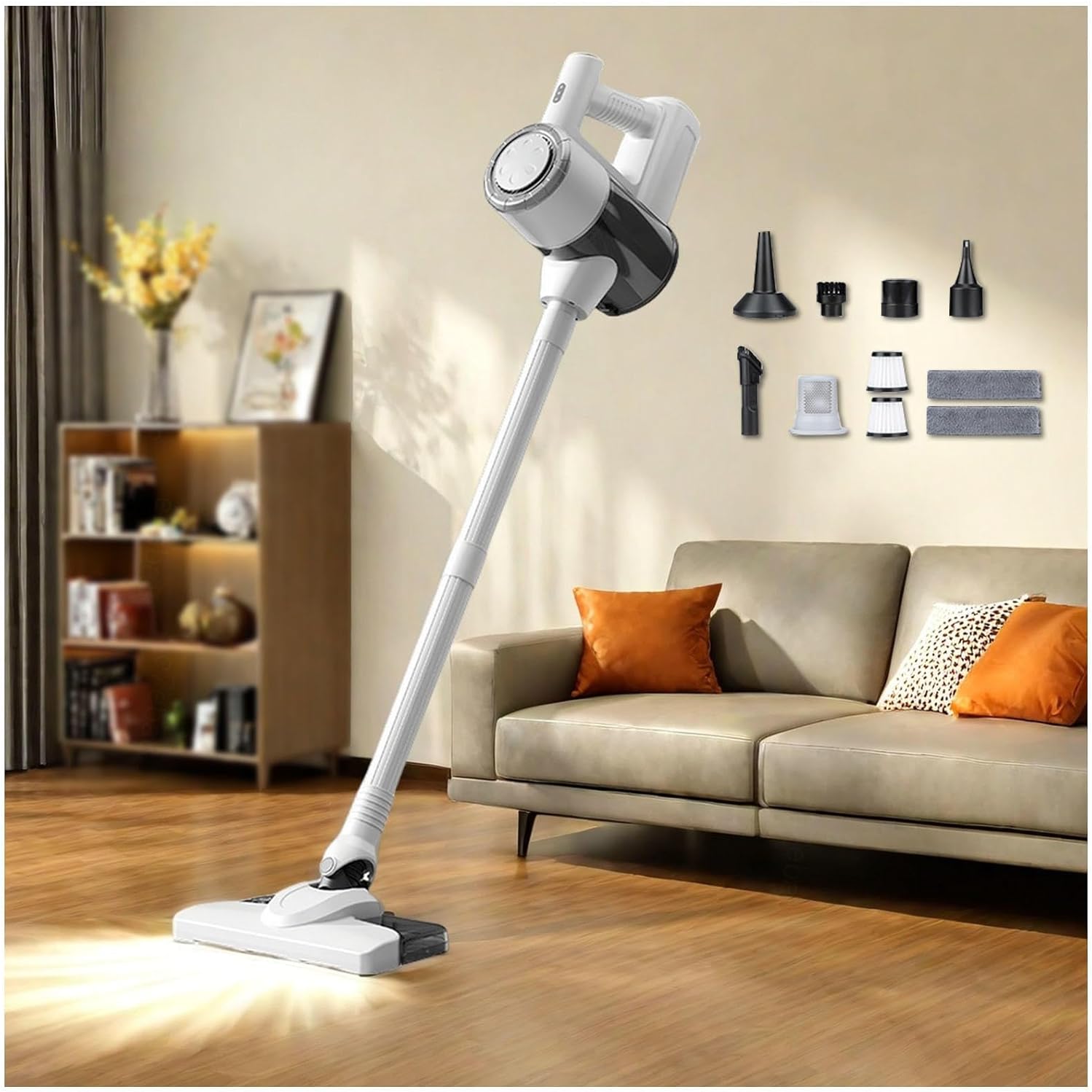 xumcLRSM Lightweight and Versatile Mop and Vacuum All in One 5 in 1, 18Kpa, 8000mah Battery, Cordless Vac Self-Standing Portable Vacuum for Car for Home/Pet Hair/Carpets/Floors,White