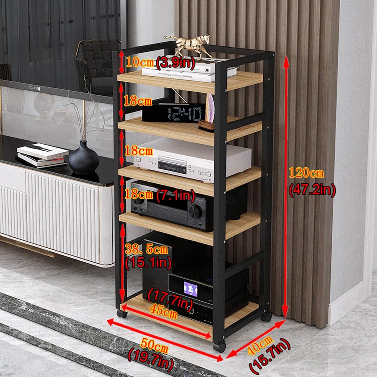 5-Tier Movable Audio/Video Media Stand Center CD Player Stand Stereo Component Storage Cabinet Audio Tower with Height Adjustable Wooden Shelf for Home/Office/Theater (Color : D) (C)