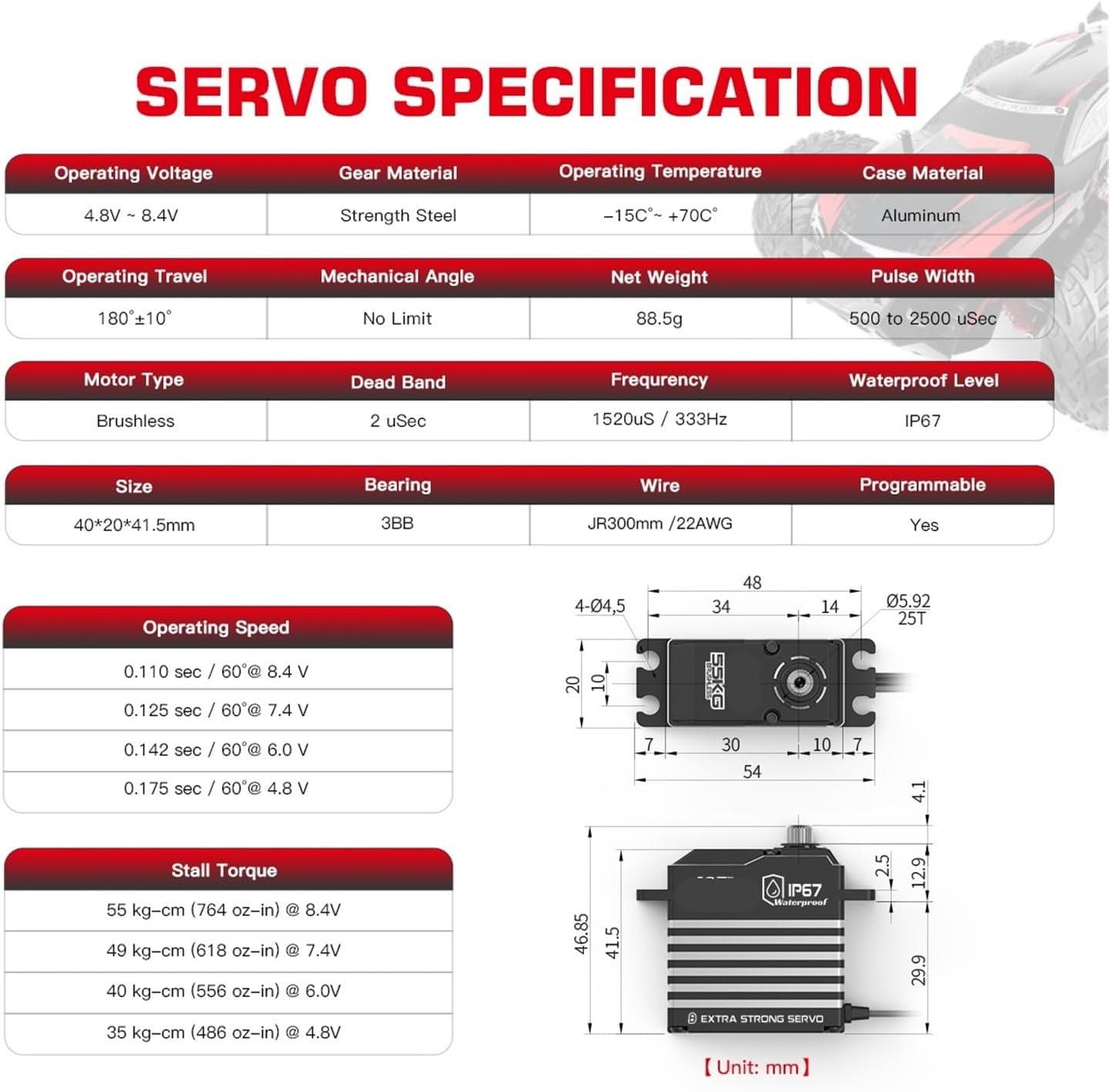 A86BH A81BH 55KG 45KG High Torque Waterproof Programmable Brushless Digital Remote Control Servo Suitable for 1/8(A81BHMW 45kg)