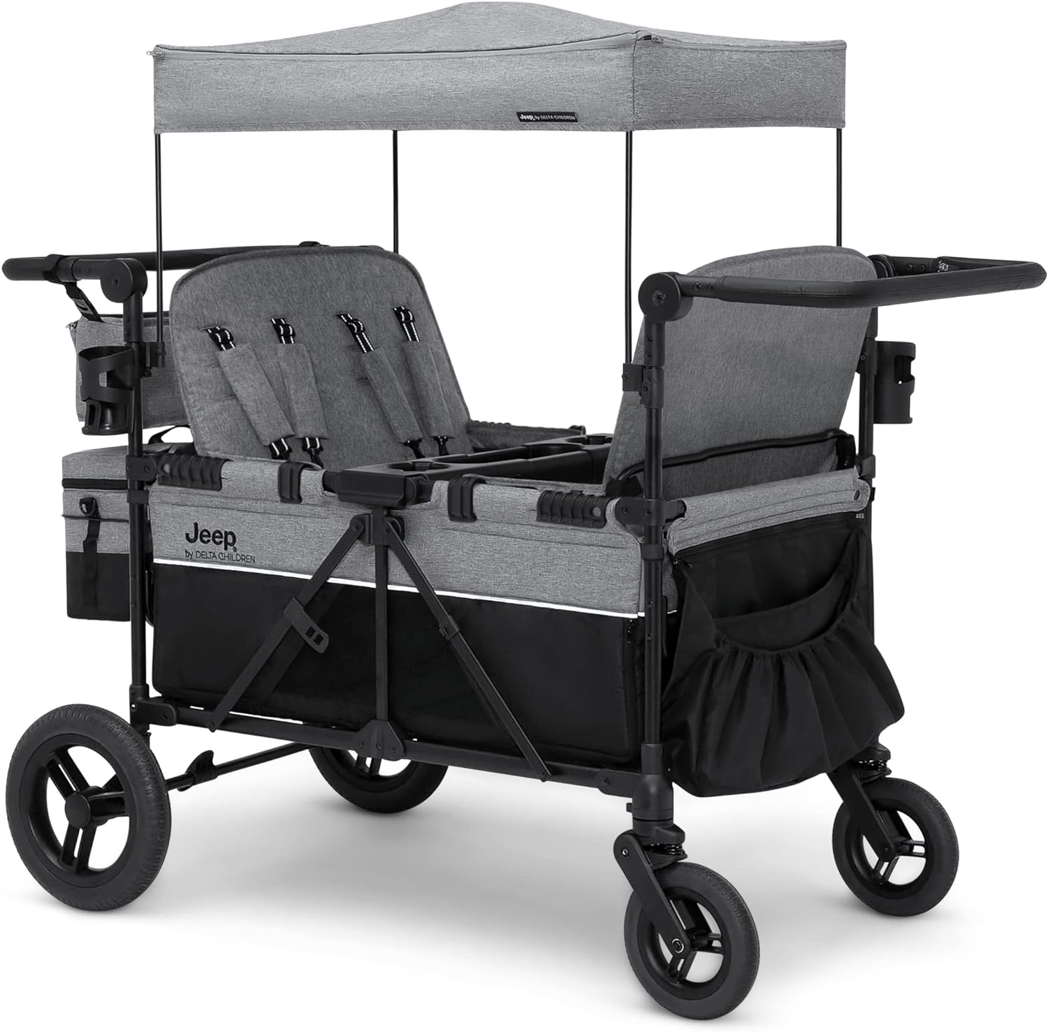 Jeep Wrangler Deluxe 4 Seater Stroller Wagon by Delta Children - Premium Quad Stroller Wagon for 4 Kids with Convertible Seats, Adjustable Push/Pull Handles, Removable Canopy & Flat Fold, Grey