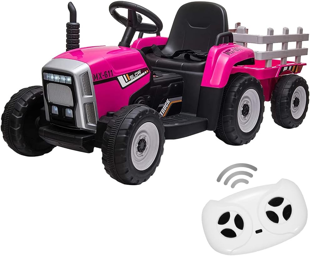 12V Kids Battery Powered Electric Tractor with Trailer, Toddler Ride On Car with Remote Control/ 7-LED Headlights/ 2+1 Gear Shift/Music Player/USB Port for Kids 3-6 Years,Rosered,35W/ EVA Tire