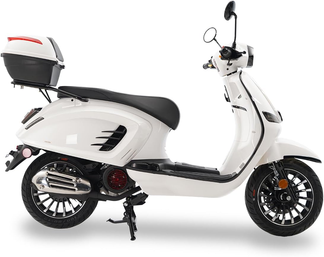 Classic 150 Electric Scooter, White, Retro Style with Rear Storage Box, Model PMZ150-16