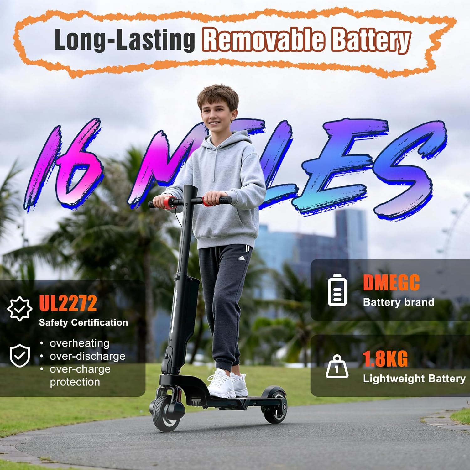 HX X6 Electric Scooter with Removable Battery for Big Kid 12+,16 Miles Range,350W Motor &16 MPH Top Speed,Double Braking System,Portable Triple Folding E Scooter for Commuting Outdoor-5.5