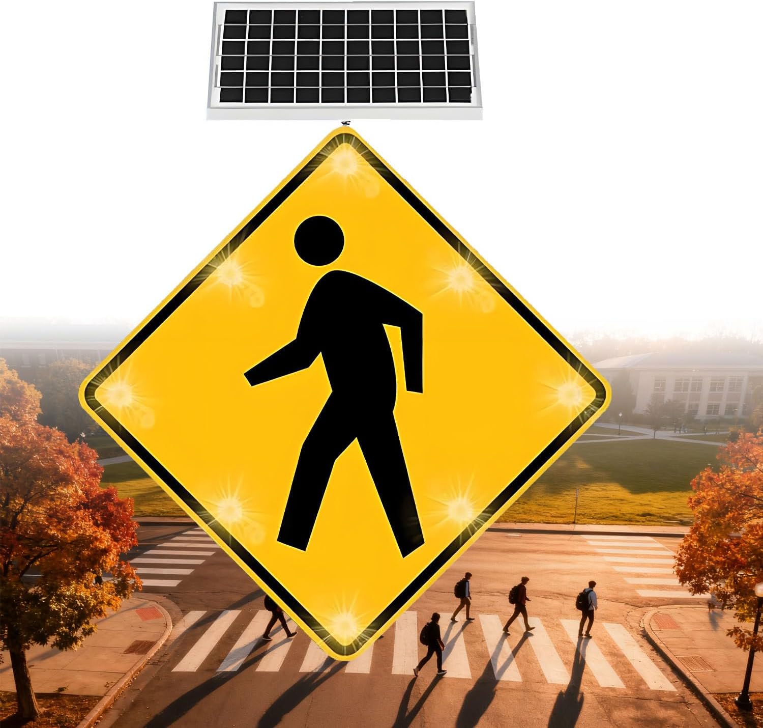 LED Solar Pedestrian Crossing Sign, Flashing Crosswalk Sign, Weatherproof Aluminum IP65 for Roadside Safety, School Zone, 32in - 2 Piece Set