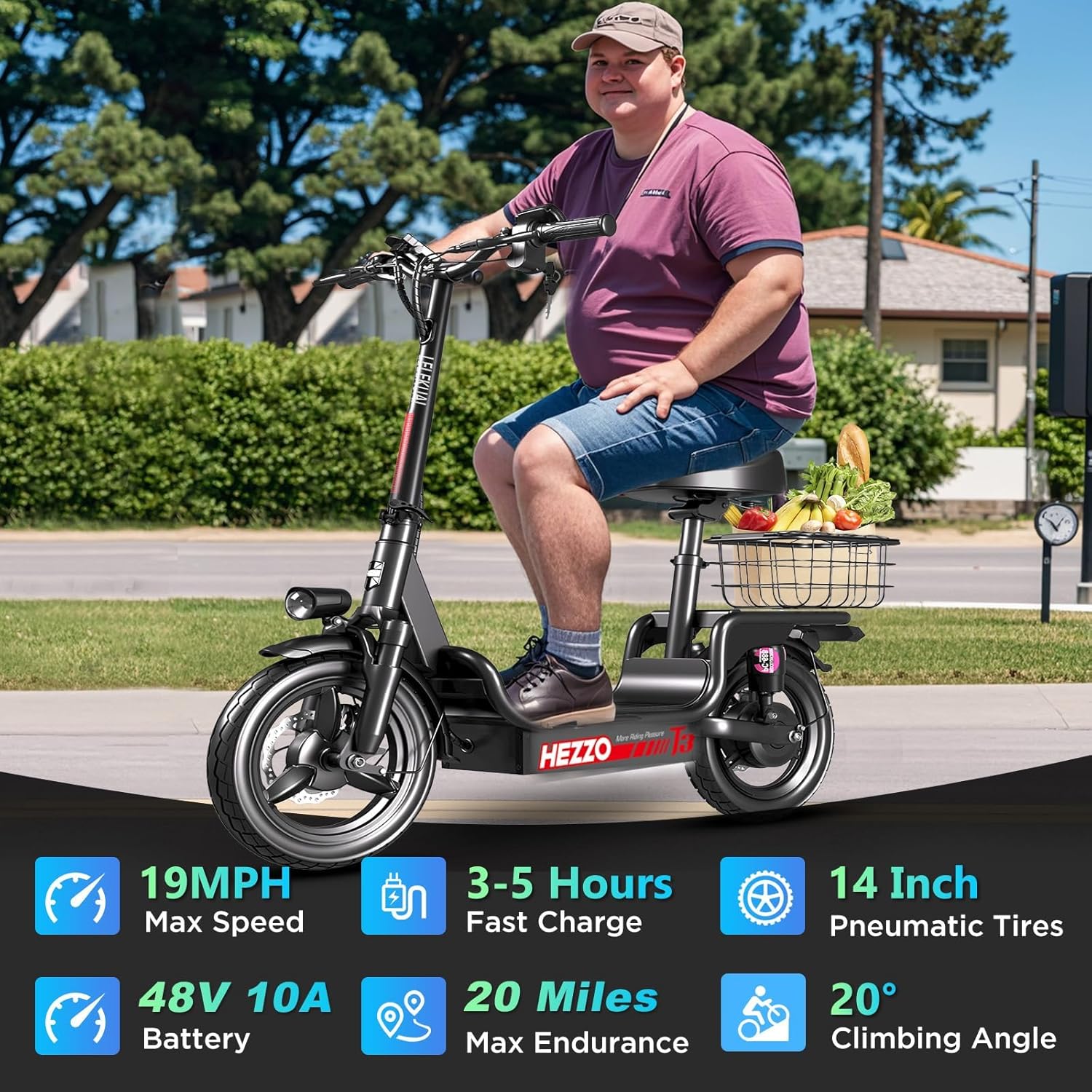 Heavy Duty Electric Scooter with Seat for Adults – 500 lbs Capacity Commuter E Scooters, 20MPH, 480W Motor, 30-Mile Range, Dual Suspension, Foldable Powered Mobility Scooter with 14