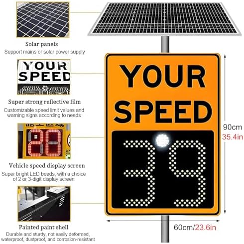 Solar Powered LED Speed Limit Sign, Flashing Radar Feedback Indicator for Community Safety, 60x90cm Traffic Warning Board for Streets & Neighborhoods