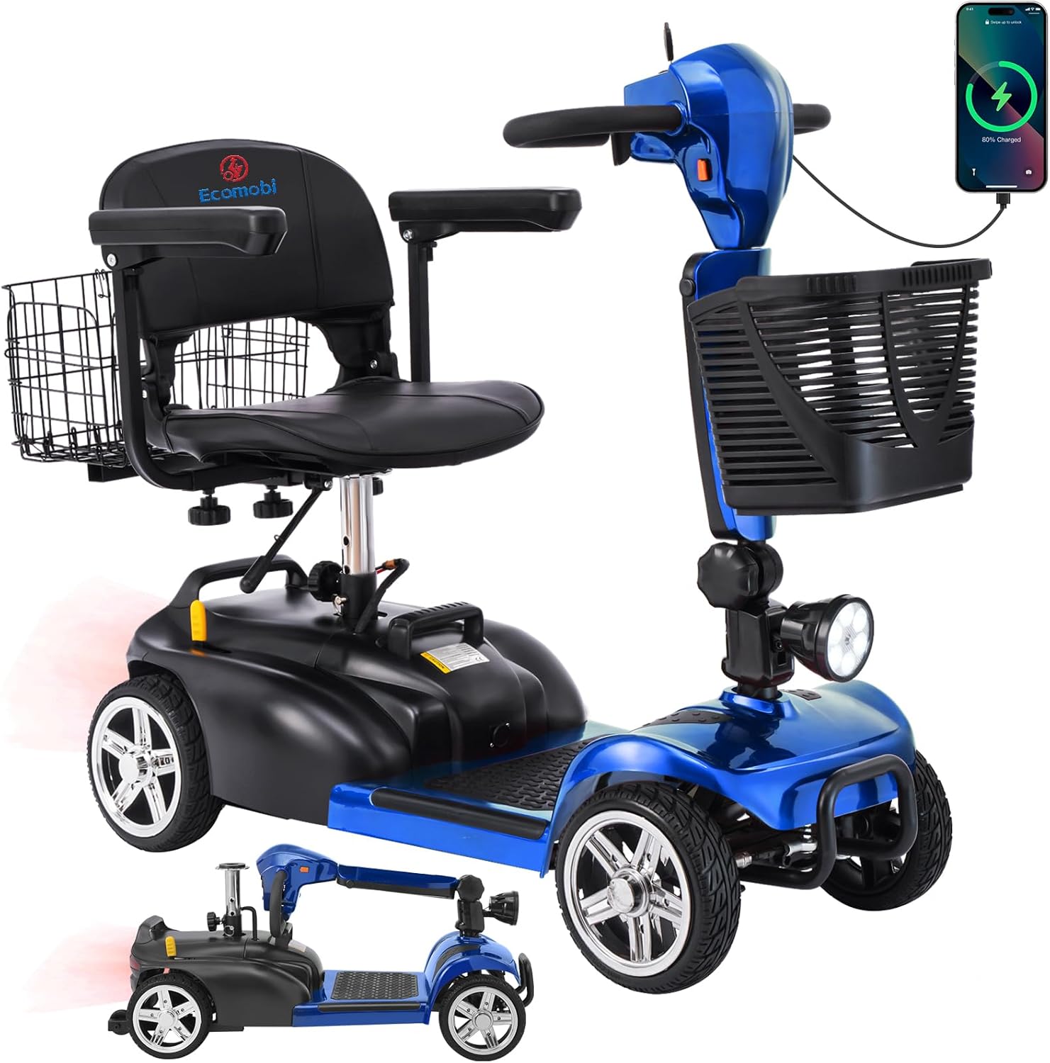 15-30 Miles 4 Wheels Mobility Scooter for Adults/Seniors, 350W Powered & 8/9″ tire Electric Wheelchair Device w/Removeable Battery, 2*Baskets/Rear Tail Lights, Compact Duty Mobile for Elderly