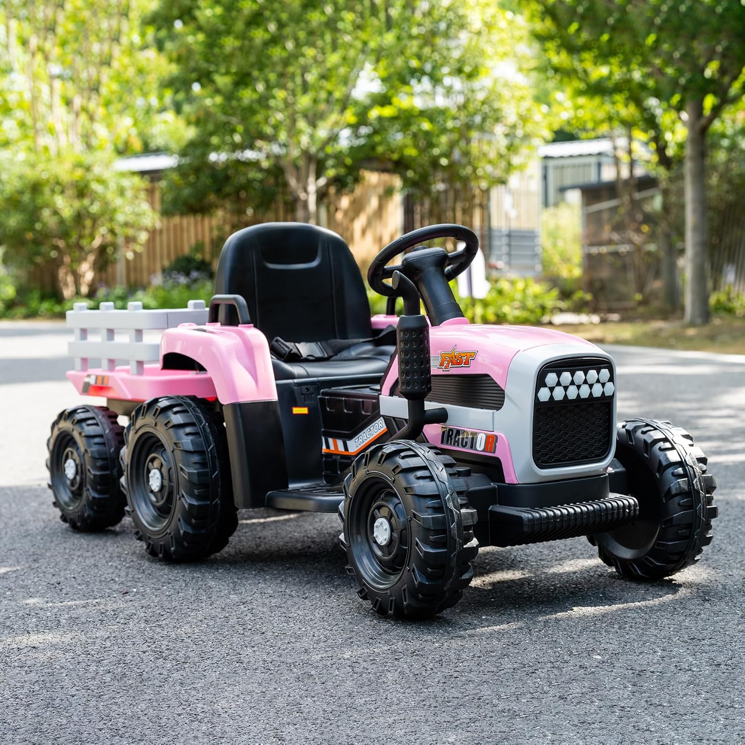 24V Electric Ride On Car with Trailer for Girls, 6-Wheel Farm Tractor Toy, Dual 200W Motors, Remote Control, MP3 Bluetooth, LED Lights, Safe Soft Start, Pink