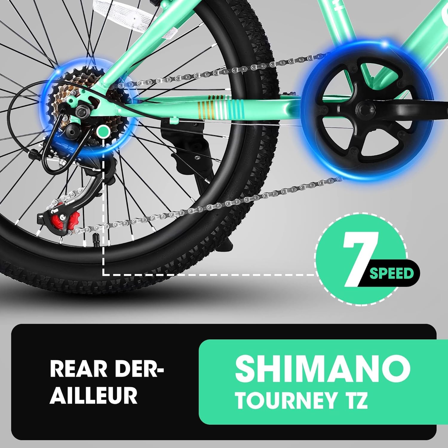 20 Inch Kids Mountain Bike for Boys and Girls Ages 16＋, 7-Speed Shimano Drivetrain, Front Suspension Fork, Disc Brake & V-Brake, High Carbon Steel Frame