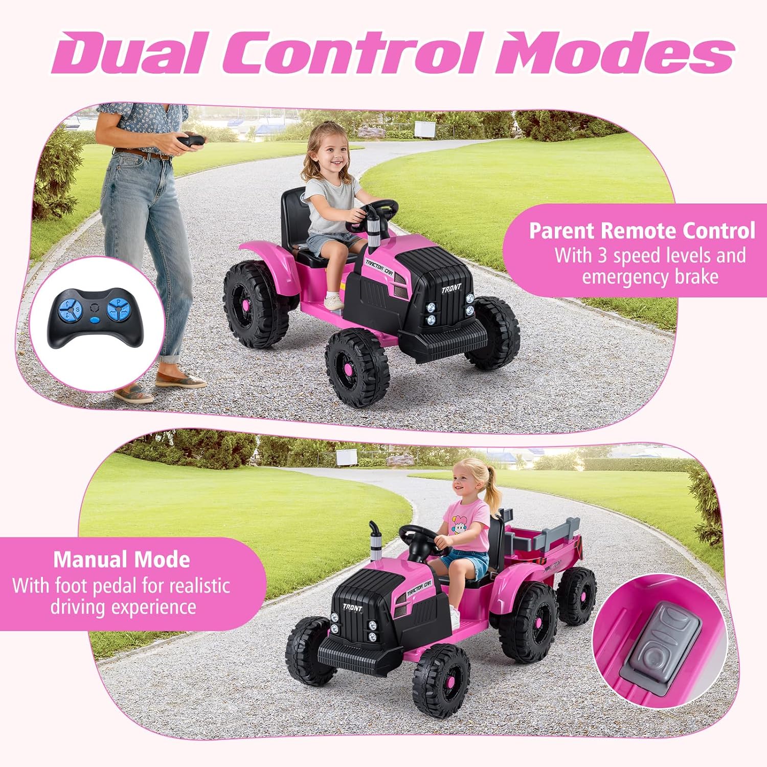 HONEY JOY 24V 9AH Ride On Tractor with Detachable Trailer, Ride On Car Toys w/Remote Control, LED Lights, Slow Start, Music, Battery Powered Electric Tractor for Big Kids Boys Girls Gift (Pink)