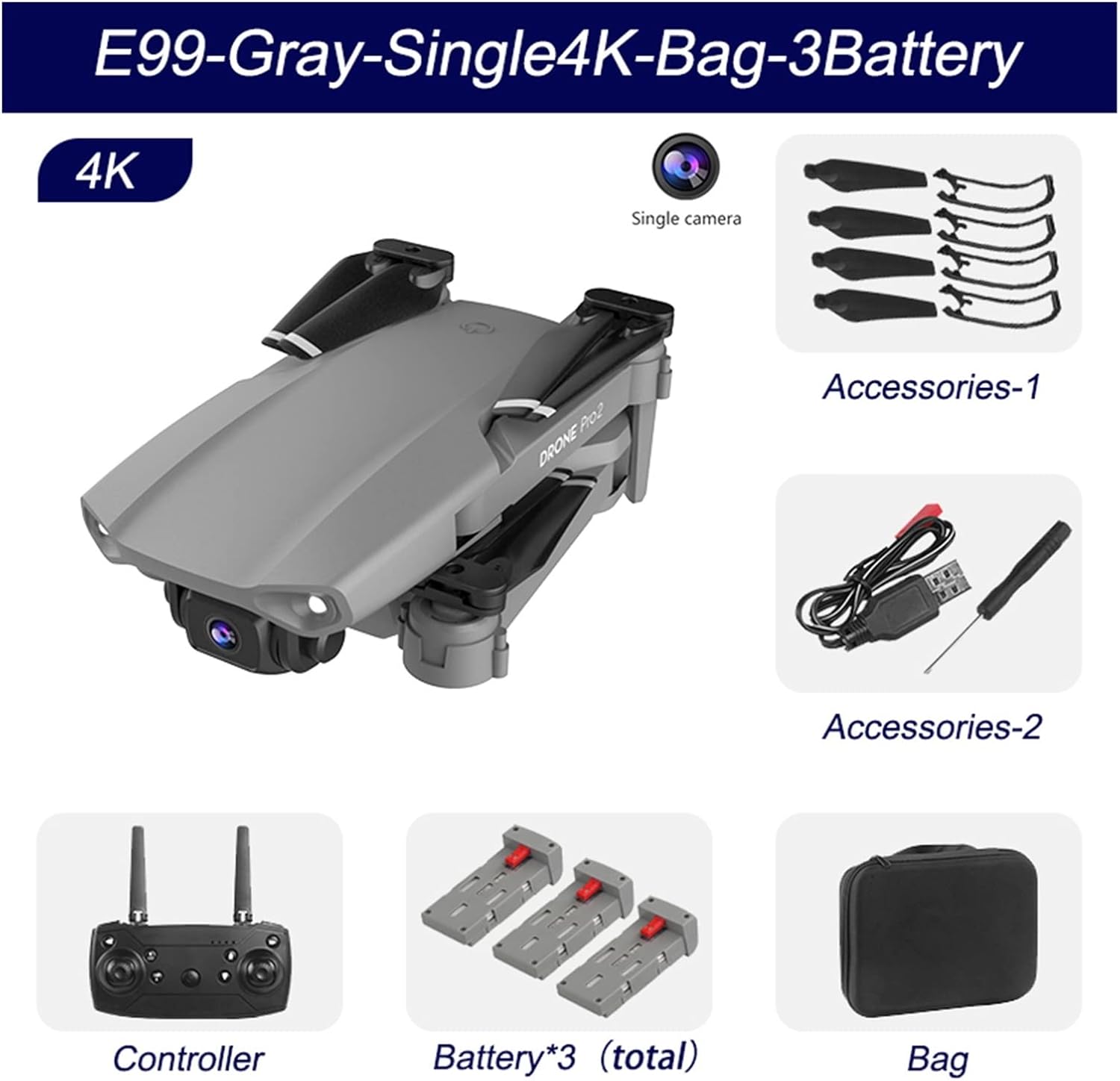 Ultralight and Foldable Drone Quadcopter RC Drone Optical Flow Dual 4K HD Camera Professional Aerial Photography Helicopter Foldable Quadcopter (Color : Black-4K-2B-Bag Size : 1) (Gray dual4k)