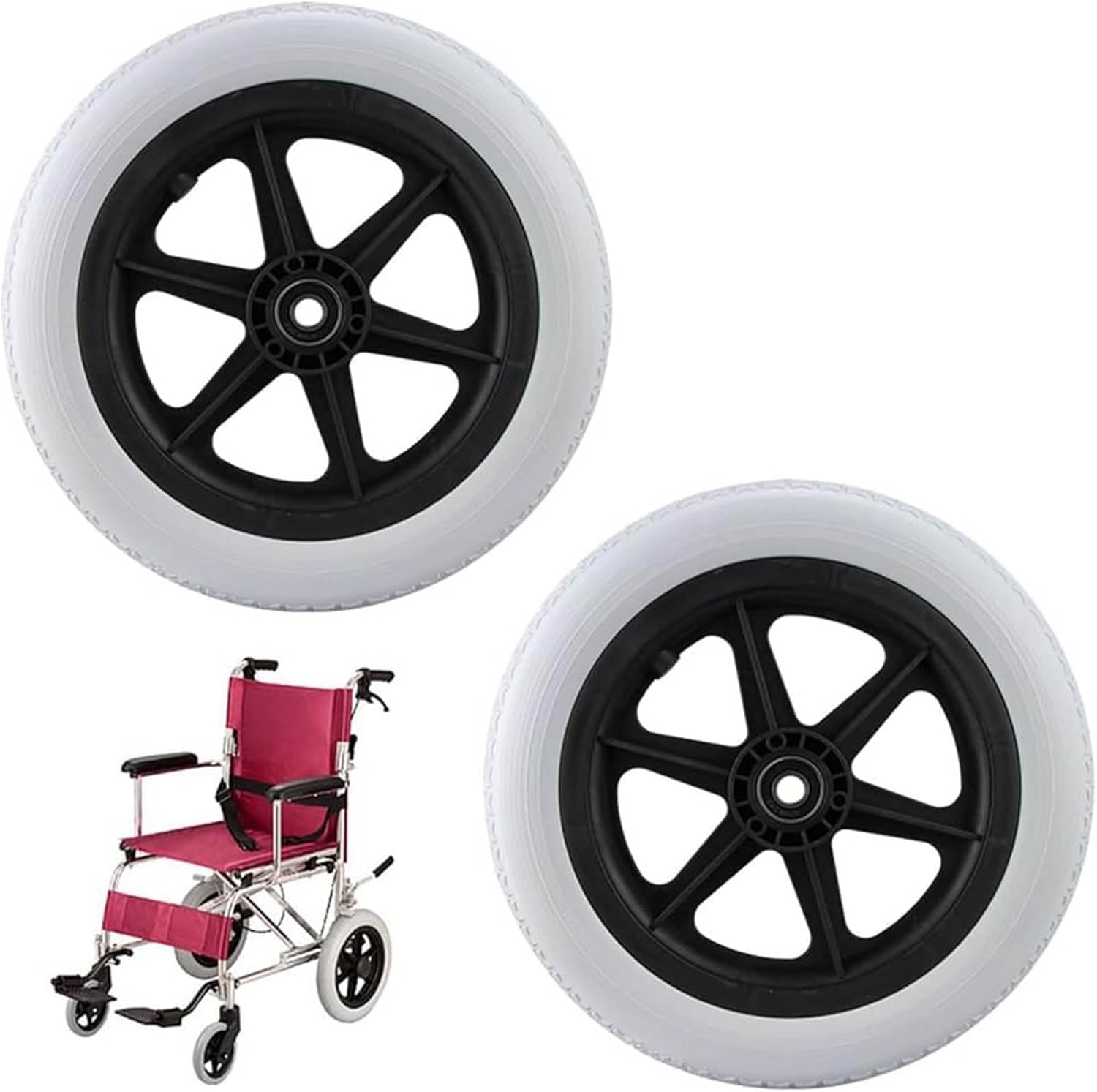 Replacement Wheelchair Wheels,Wheelchair Caster Wheels 2 Pcs Wheelchair Wheel,Wheelchair Caster Assembly,Non-Pneumatic Solid Rubber Tires,Manual Wheelchair Rear Wheel Replacement,w
