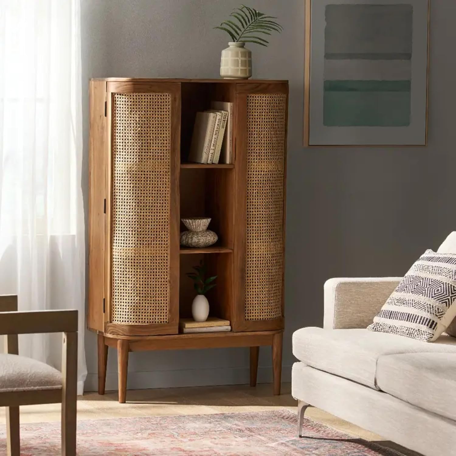 Generic Mid-Century Modern Wooden Bookcase with Cane Doors, Elegant Room Storage Solution, Walnut Finish, Versatile Home & Office Furniture, ITKN686789