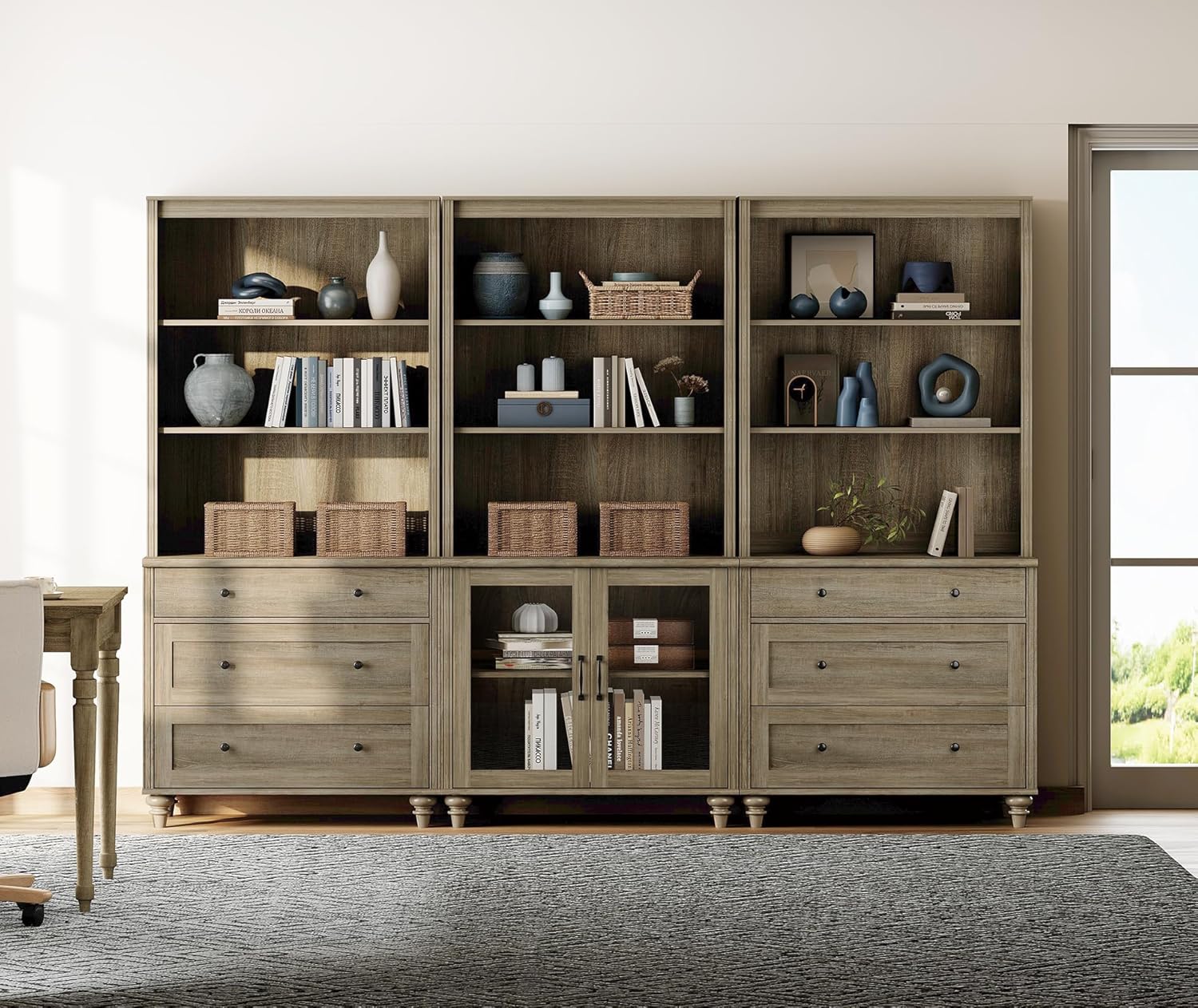 WAMPAT Gray Wash Bookcase with Drawers & Glass Doors Set of 3, 5 Tier Bookshelf, 72'' Tall Book Case Shelf, Large Wood Bookcases Farmhouse Bookshelves for Living Room Bedroom Home Office Kitchen