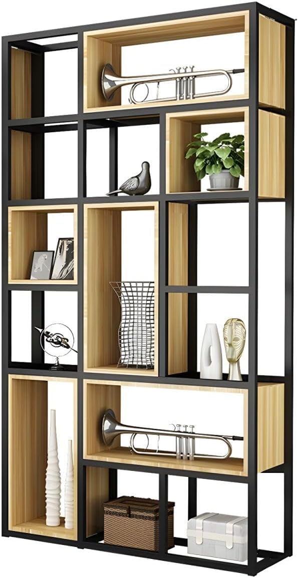 KWOKING Wood Industrial Cube Bookcase with Shelves & Open Back Iron Bookshelf Floor Steel & Wood Shelf Multi-Layer Shelf Storage Rack Office Partition Display Rack Natural 47.2