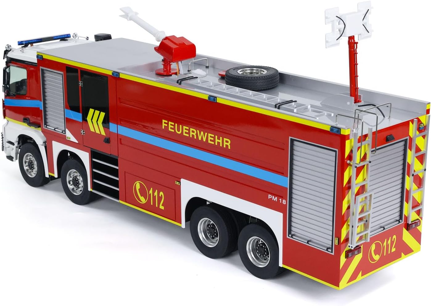 1/14 8X4 RC Fire Fighting Truck Metal Chassis Two Speed Transmission Differential Lock on Axles Radio Control Fire Car Light Sound Motor Servo ESC Hobby Grade Construction Vehicle Model