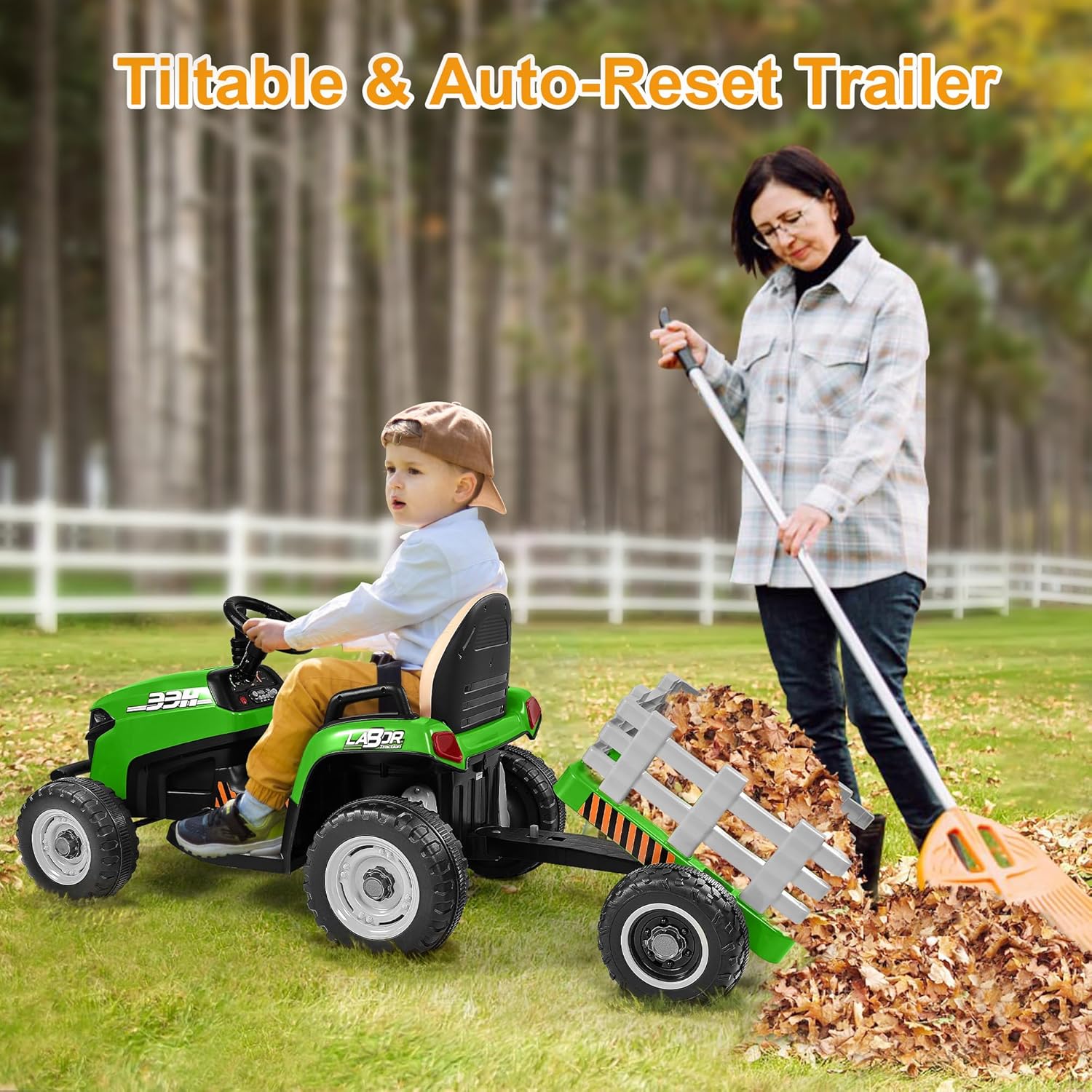 12V 7AH Ride on Tractor w/Tiltable Trailer & Remote Control, 2x45W Motors, Bluetooth, Music, Shifter, Electric Car for Kids Ages 2-5 (Green)