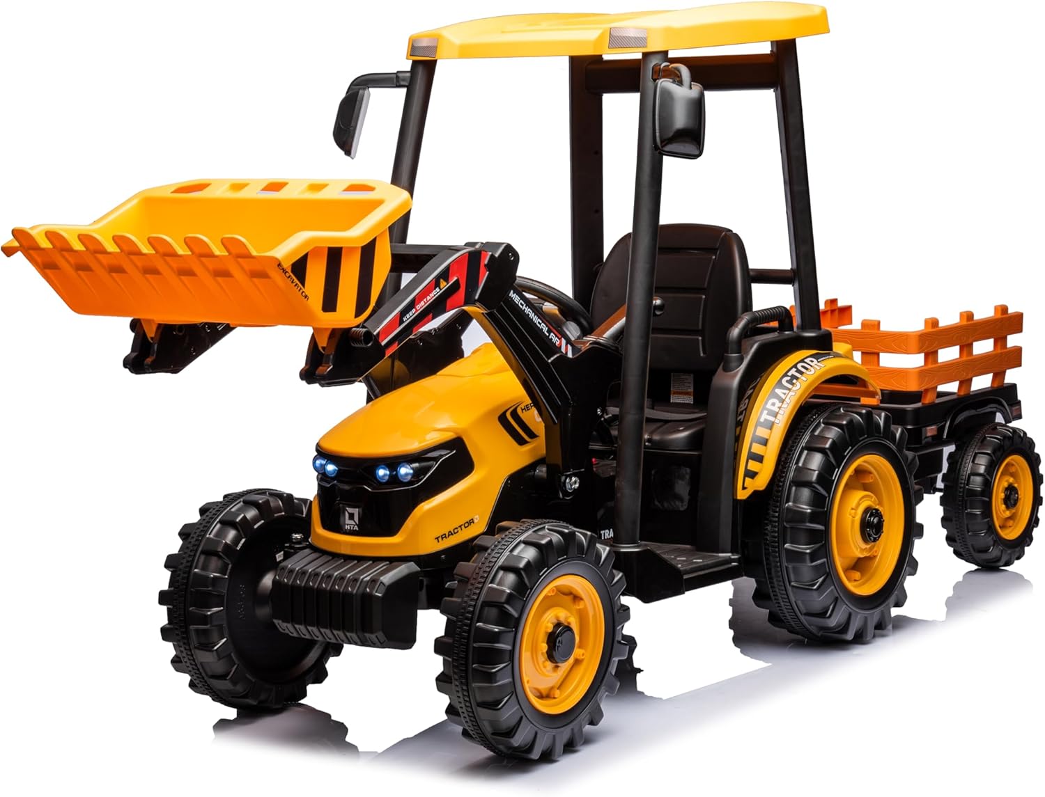 24V Kids Ride on Tractors with Parent Remote Control, Pedal Tractors with Working Loader and Backhoe Digger, Kids' Ride on Car Toys 24V Battery Powered Electric Vehicles with Trailer, Digger (Yellow)