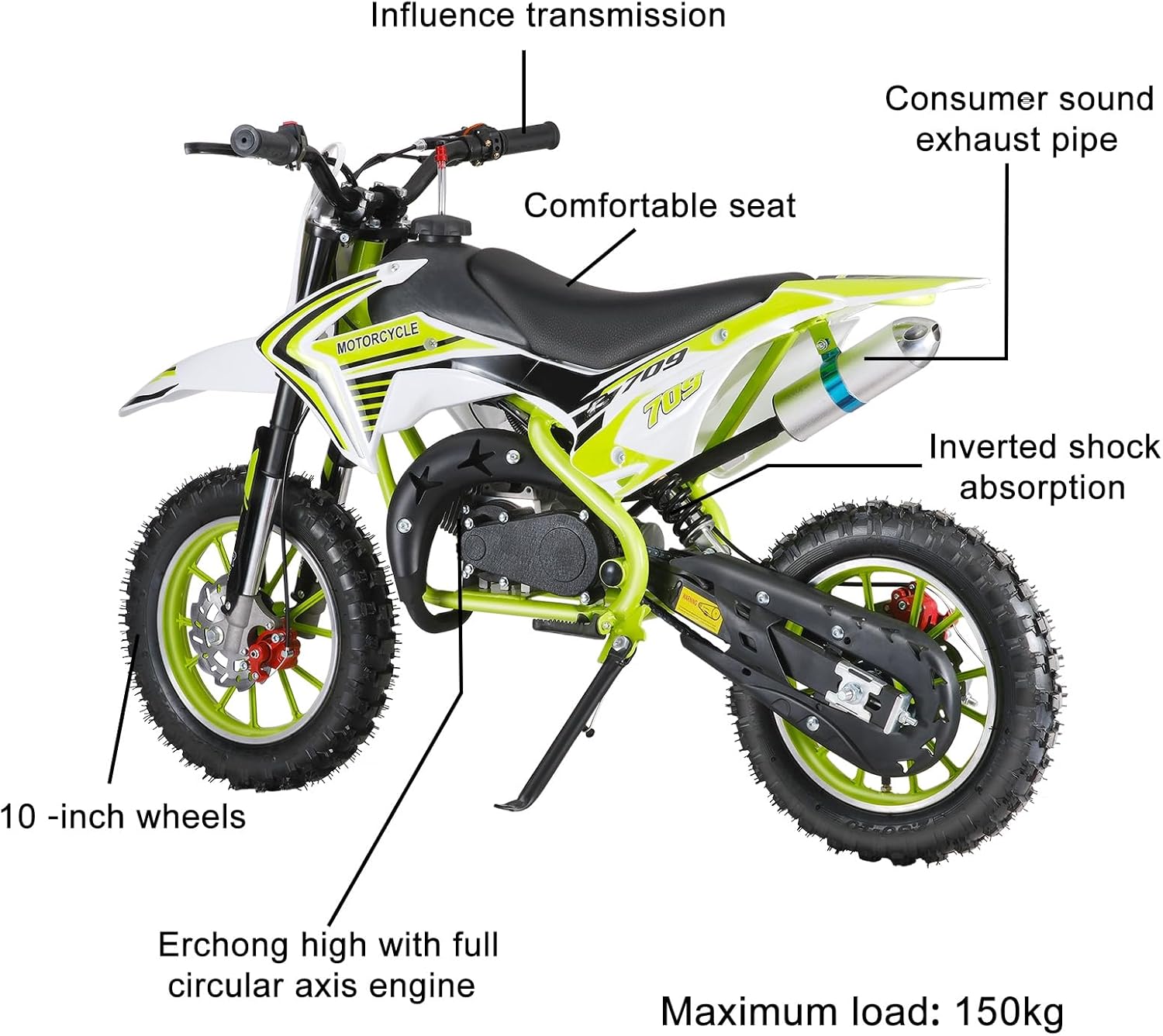 49cc Kids Dirt Bike, 2-Stroke Pocket Gas Motorbike, Off Road Gas Power Mini Pocket Motorcycle with Front Rear Disc Brakes, Mini Dirt Scooter Bike Pocket for Kids and Teens Green