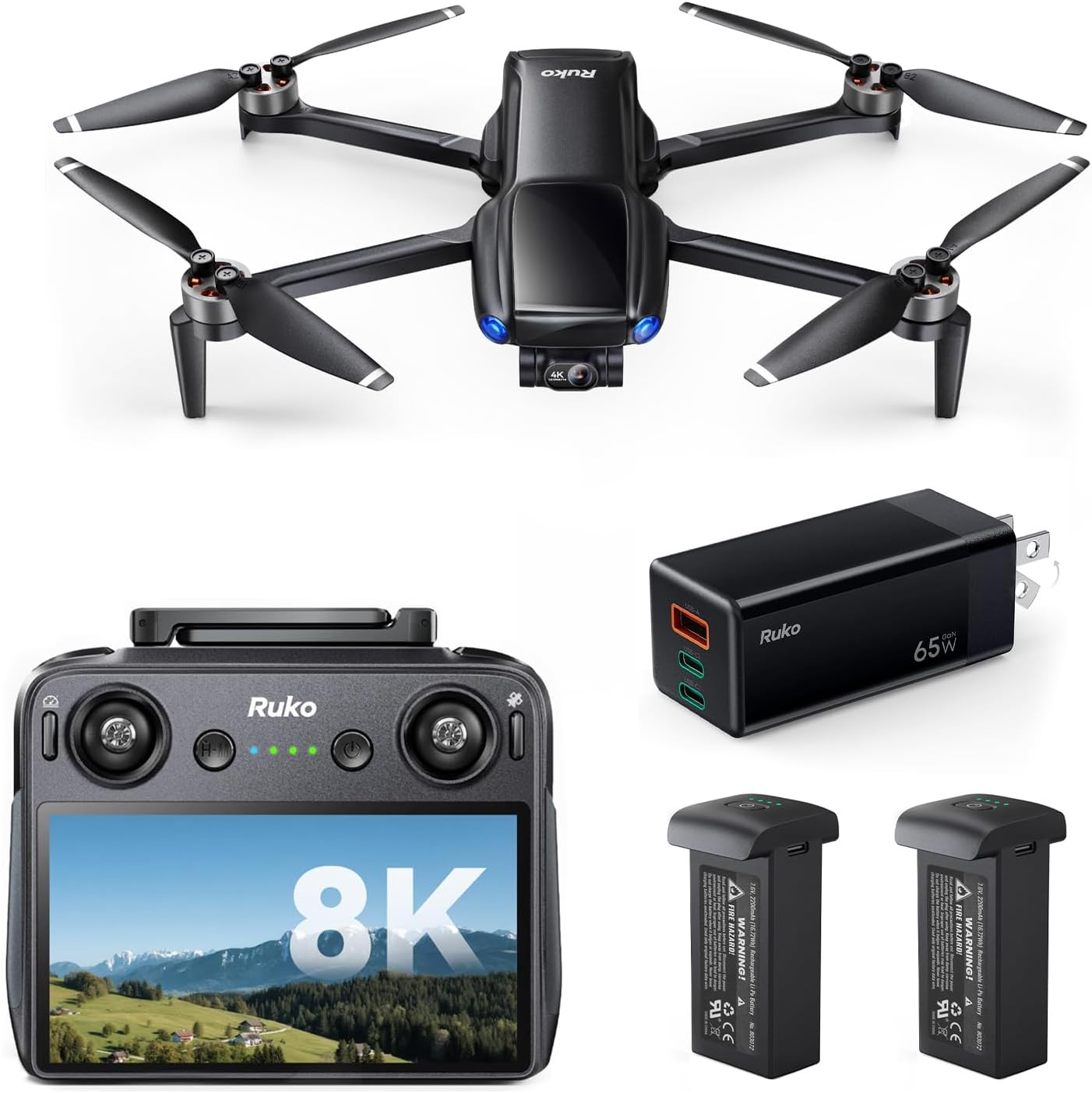 Ruko U11MINI 4K (RC3), Beginner Drone with Touchcreen Controller and Ruko PD65W USB C Charger