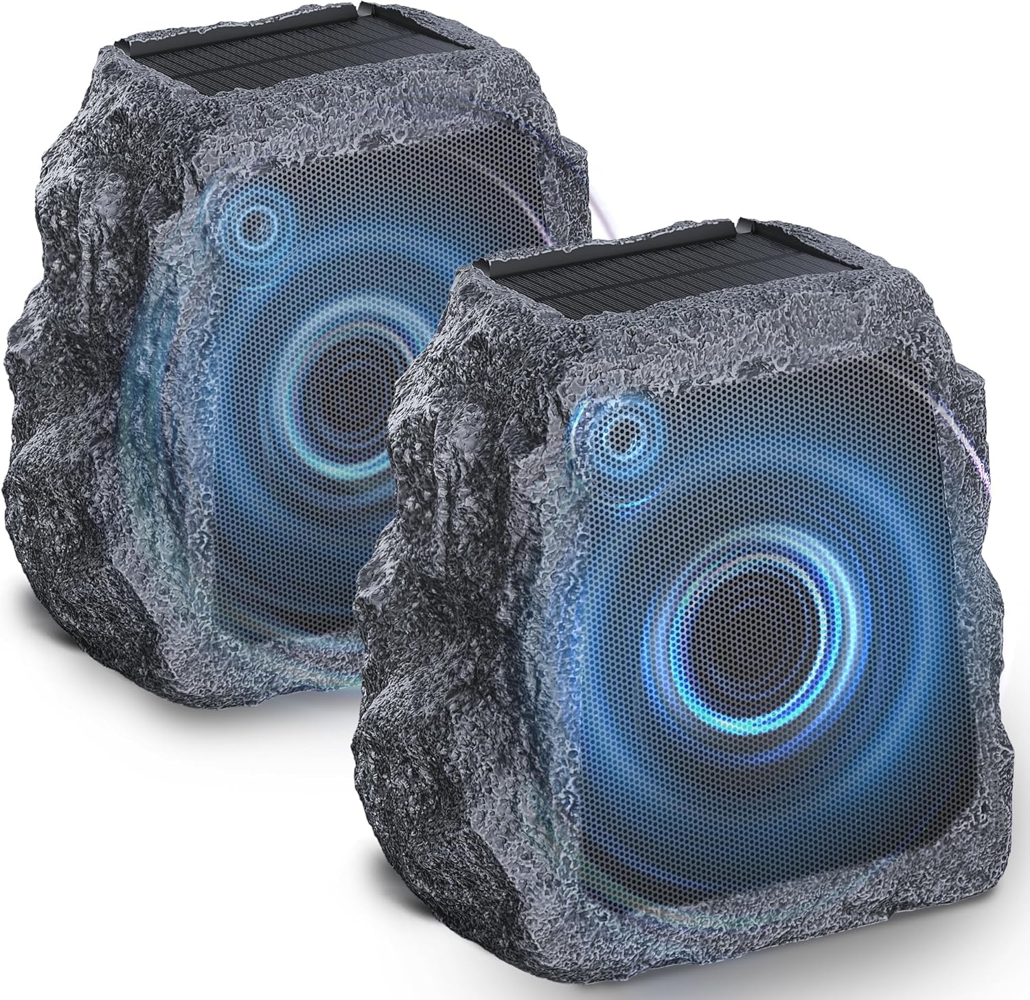 BlitzRock Wireless Outdoor Rock Speakers, 80W 2-Driver Outdoor Speaker Solar Powered, Easy Pairing, Auto-Sync for 100+ Speakers, Waterproof IPX7, Ideal for Patio Garden, Pack of 2