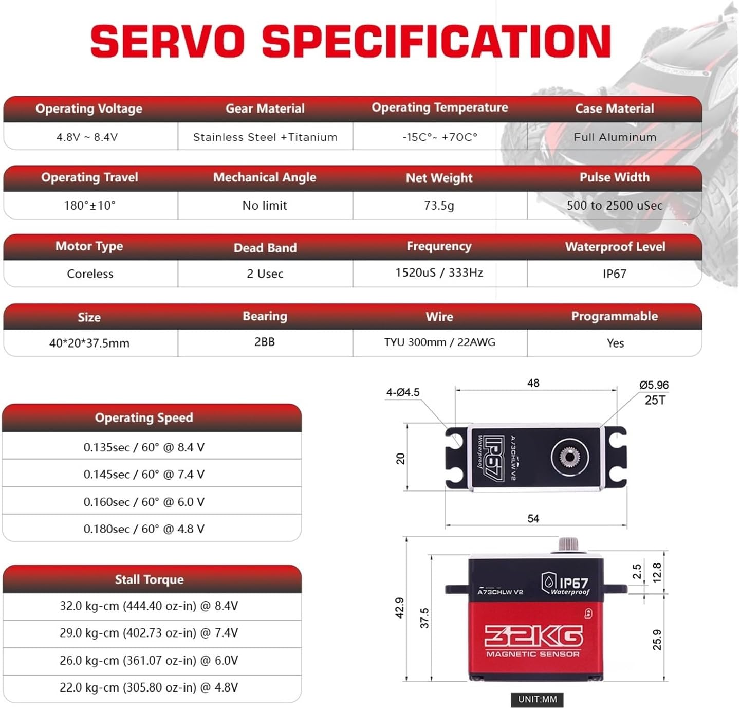 A73CHLW V2 32KG HV Metal Gear Waterproof Programmable Hollow Shaft Steering Servo for 1/10 Scale(A73CHLW 32kg Set2)