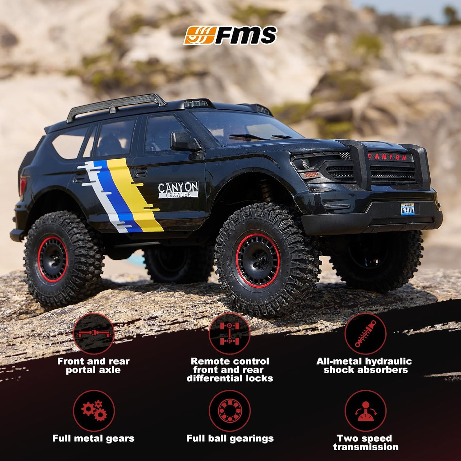 EAZYRC FMS Canyon 1/10 RC Crawler with Innovative DIG System LCG Chassis,Pro 4x4 RC Rock Truck with Portal Axles, 2-Speed Transmission, Full Metal Oil Shocks,High Simulation Remote Control Car